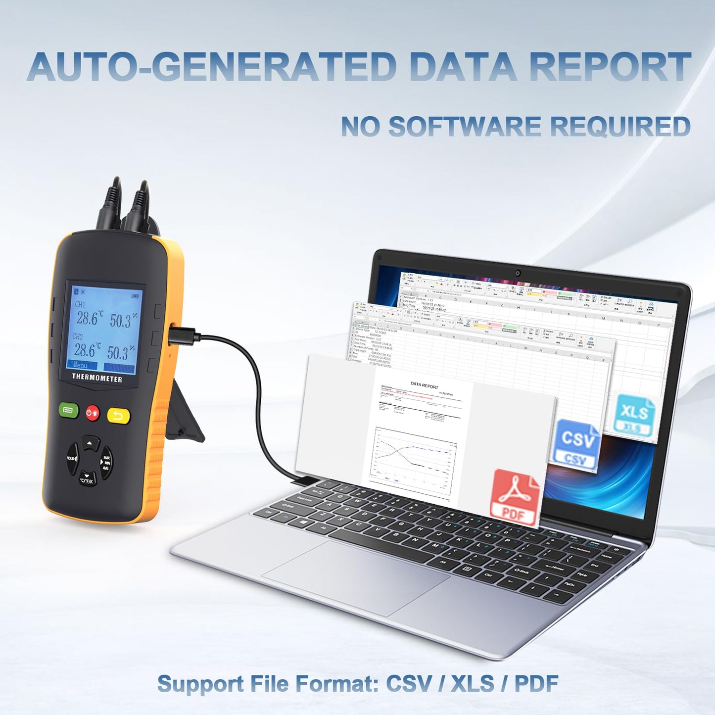 Tzone Temperature and Humidity Data Logger USB with Probe,Dual Channel Temp Humidity Recorder with Data Report, Digital Industrial Thermometer Recording Handheld RH Logger for Greenhouse Freezer Lab