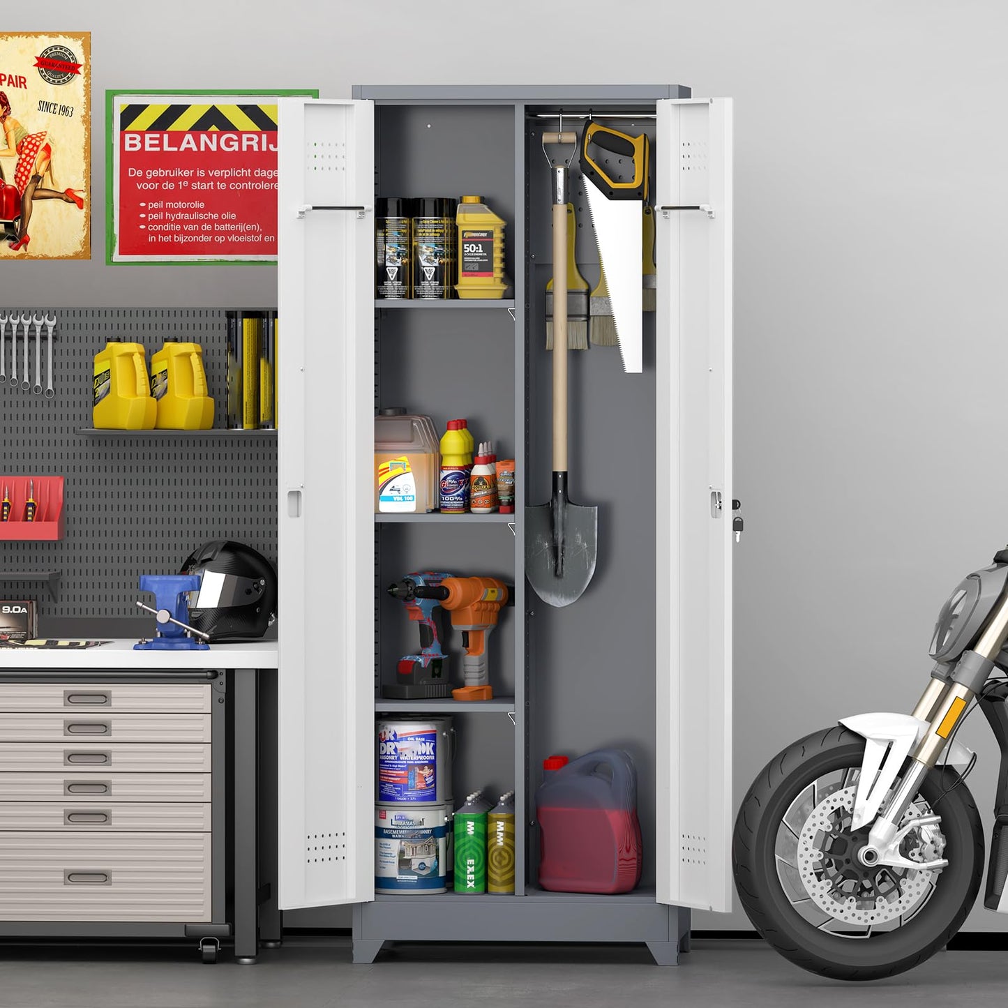 GREATMEET 65'' Garage Storage Cabinet, Broom Closet, Metal Utility Cabinet for Cleaning Supply with Pegboard, Lockable Doors, Adjustable Shelves for Garage, Home, Gray White