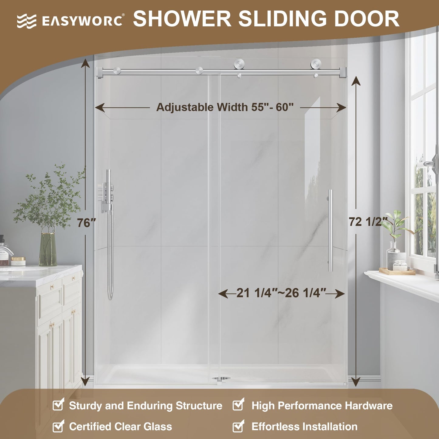 EASYWORC Frameless Glass Shower Door, 55-60" W x 76" H Sliding Frameless Shower Door, 1/4''(6mm) SGCC Tempered Glass, Explosion-Proof Film Nano Coating, Stainless Steel Hardware, Brushed Nickel