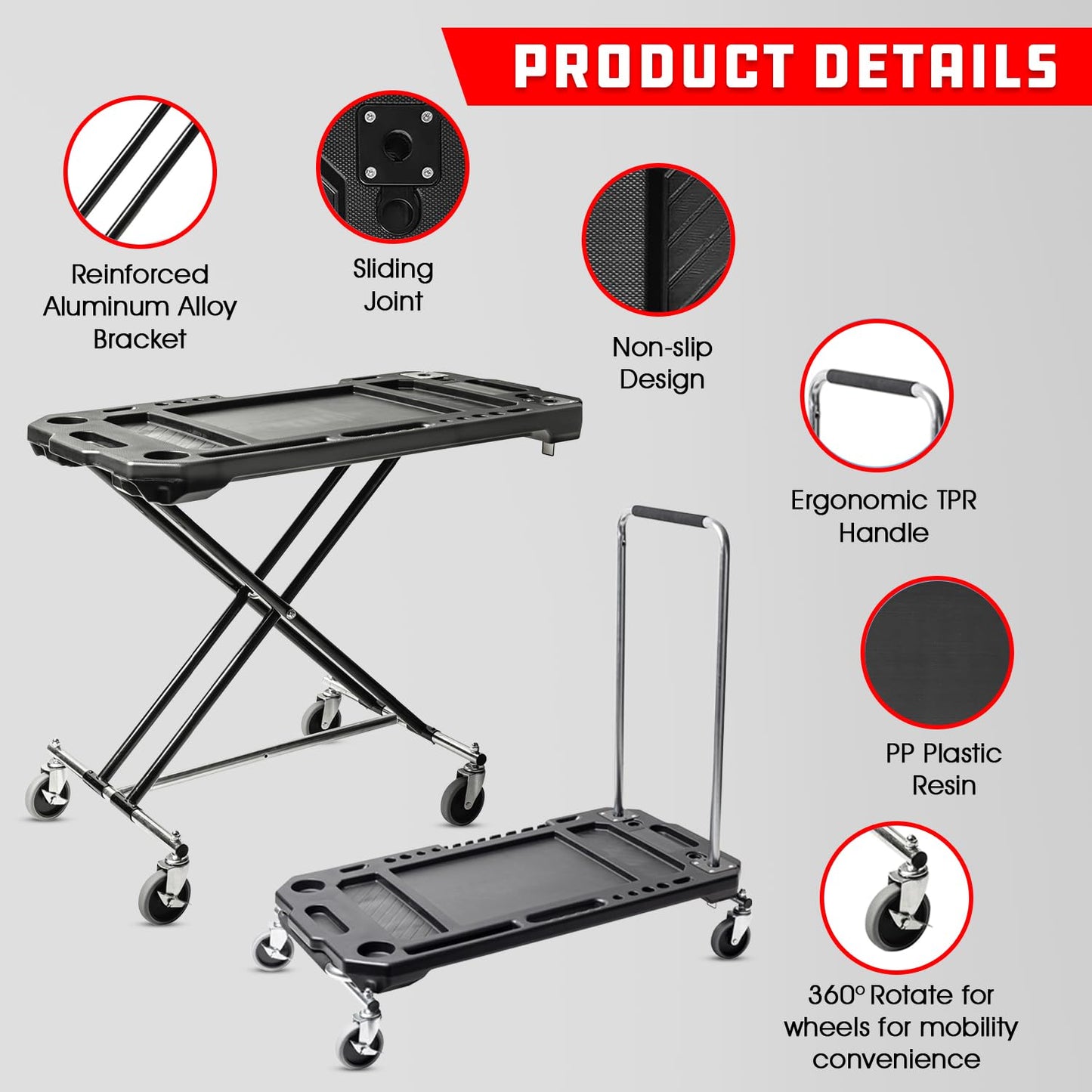 Powerbuilt Adjustable Work Table with Tool Holders and Convertible Dolly Function, Multi-Use, Home, Garage, Worksite - 642928ECE, Black