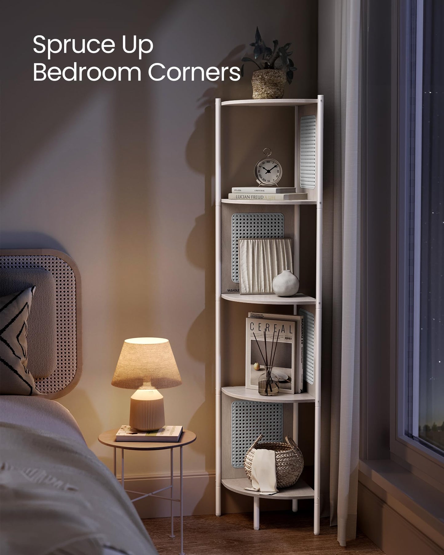 VASAGLE 5-Tier Corner Shelf Stand, Boho Corner Bookshelf with Polyrattan Sides, Plant Stand for Living Room Bedroom Study Kitchen, Oatmeal Beige ULLS588K66