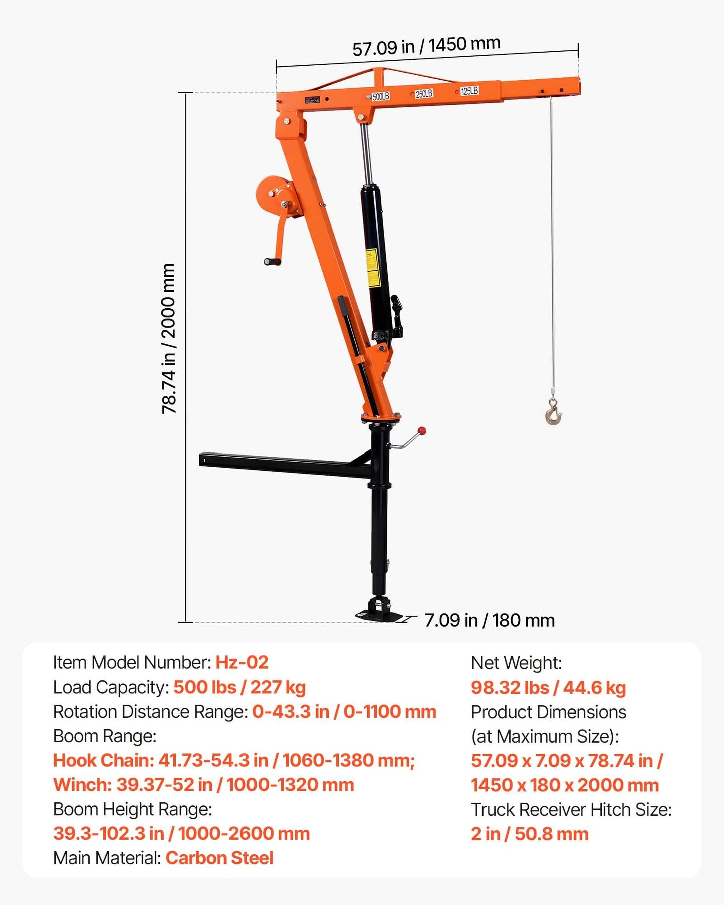 VEVOR Truck Crane, 500 lbs Pickup Hitch Crane Trailer Hitch Mounted with Manual Winch & Hydraulic Jack, 360° Rotating Telescopic Boom, Foldable Truck Bed Jib Hoist for Machine Lumber Equipment Lifting