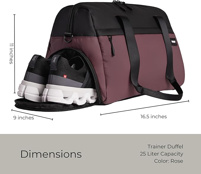 Vooray 25L Trainer Duffel Bag Rose ??Lightweight Travel Duffel for Women and Men with Shoe Pocket, Workout Bag, Weekender for Overnight, Football, Traveling, or Hospital Use