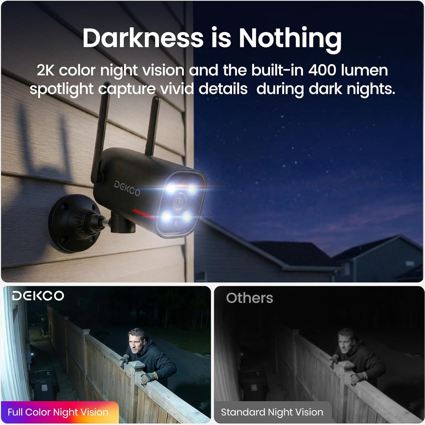 DEKCO 2K 180 270 24/7 Wired Security Camera Outdoor, Pan & Coverage, Constant Power Surveillance, Full Color Night