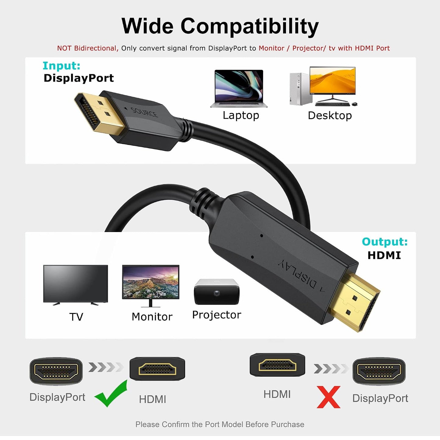 4K 10 2-Pack (4k, 2880P,2160P, 1440P, 1080P) DisplayPort to HDMI Cable Feet, DP (Display Port) to HDMI Cord Male