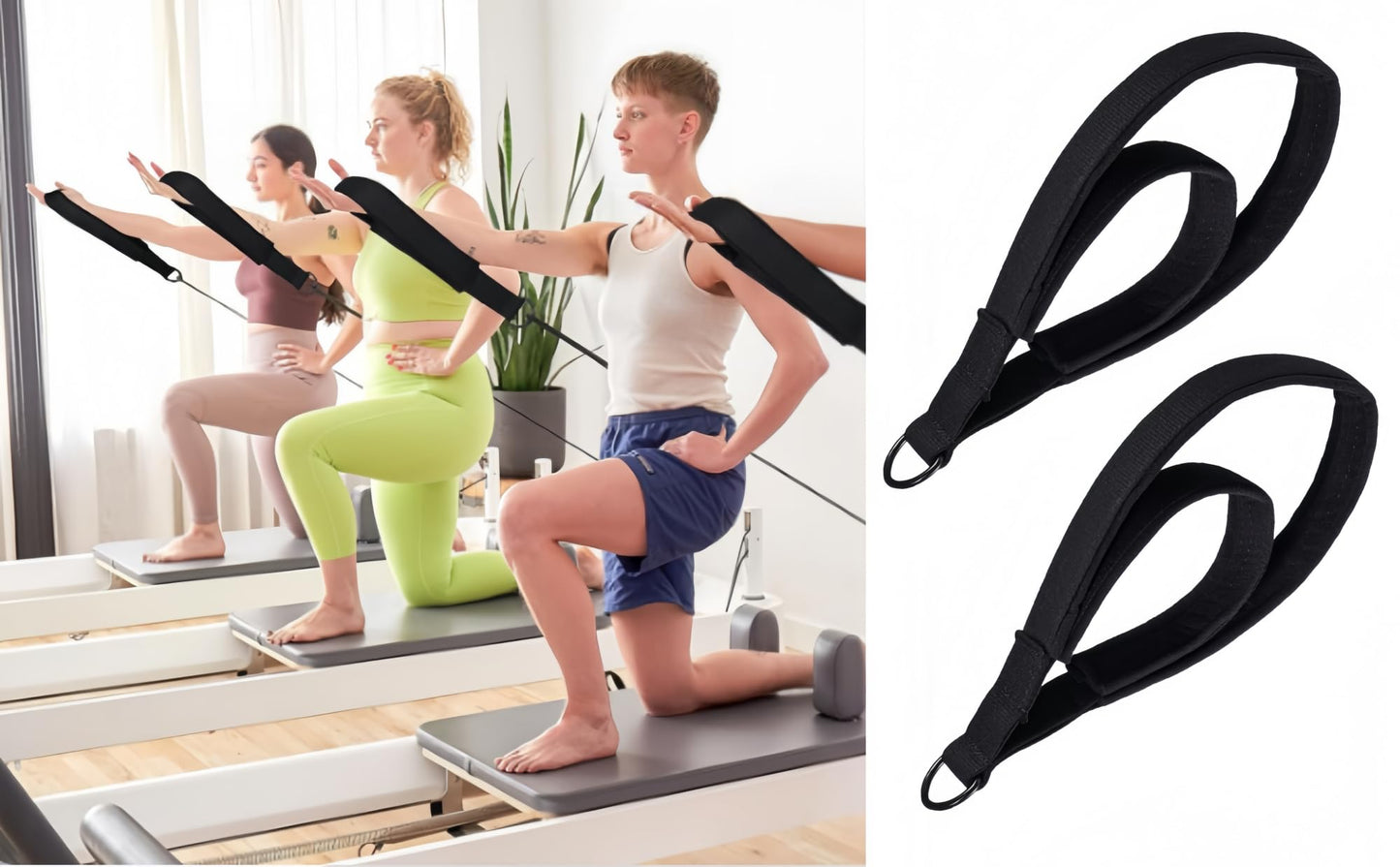 2Pcs Pilates Straps D-Ring Double Loop Exercise Straps for Reformer, Home Gym (Black)