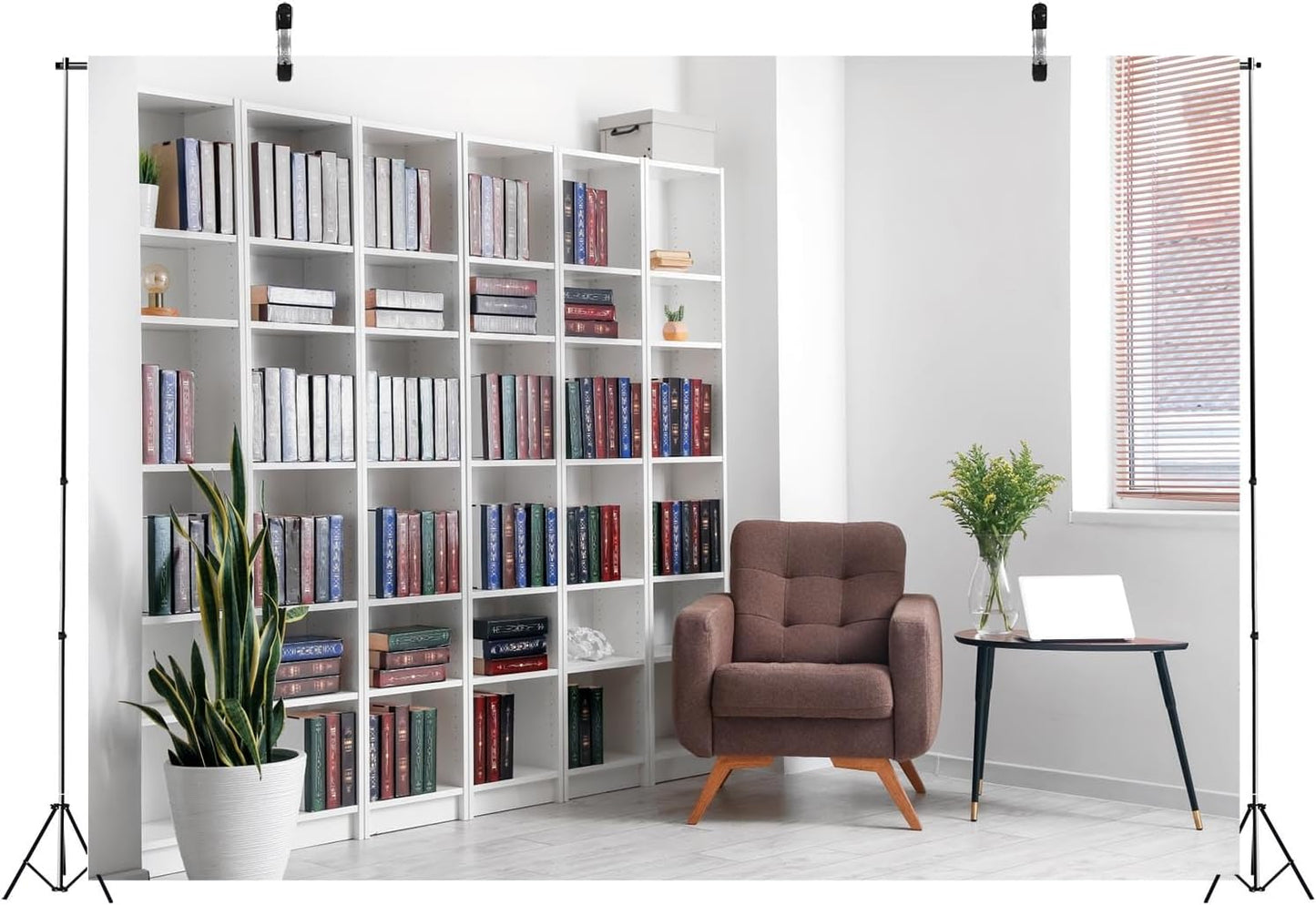BELECO 7x5ft Fabric Living Room Backdrop Modern Room Interior with Armchair White Bookcase, Office Zoom Meeting