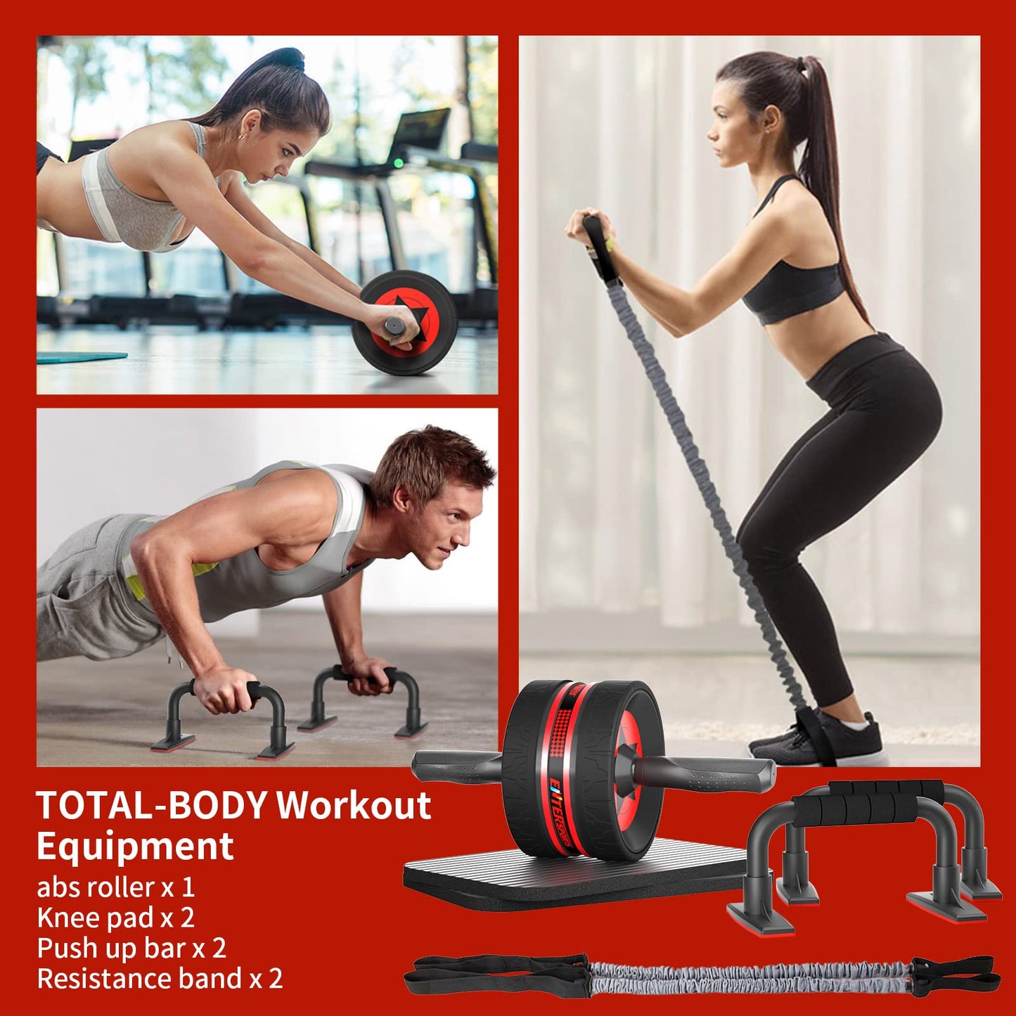 EnterSports AB Wheel Roller, 6-in-1 Exercise Roller Wheel Kit with Knee Pad, Resistance Bands, Pad Push Up Bars Handles Grips, Perfect Home Gym Equipment for Men Women Abdominal Roller (Red)
