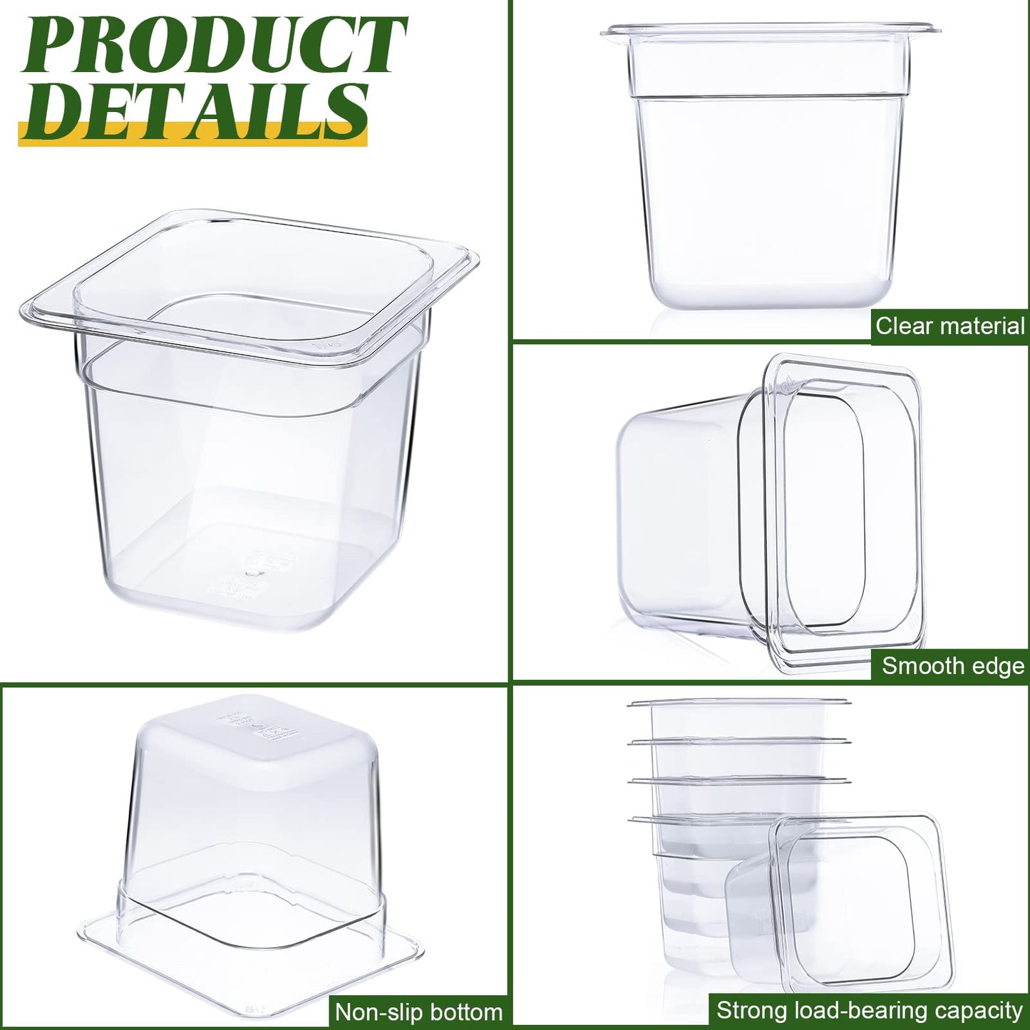 Yinder 24 Pcs Plastic Clear Food Pans 1/6 Size Stackable Polycarbonate Food Containers with Capacity Indicator Restaurant Commercial Hotel Pan for Fruits Vegetables Beans Corns (6'' Deep)
