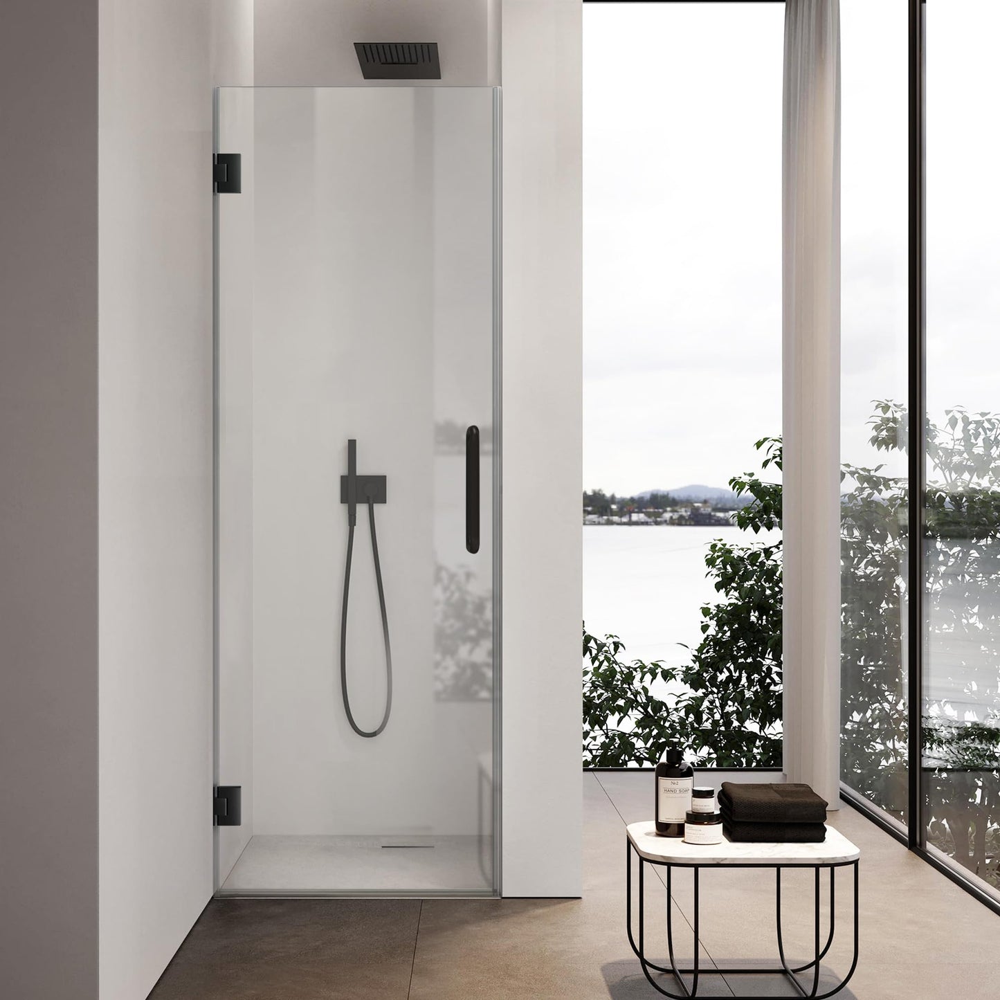 Bathroom Frameless Shower Door 28" W*72" H, 5/16"(8mm) Clear Tempered Glass Hinged Shower Door with Seal Strip and Handle, Matte Black Clamps