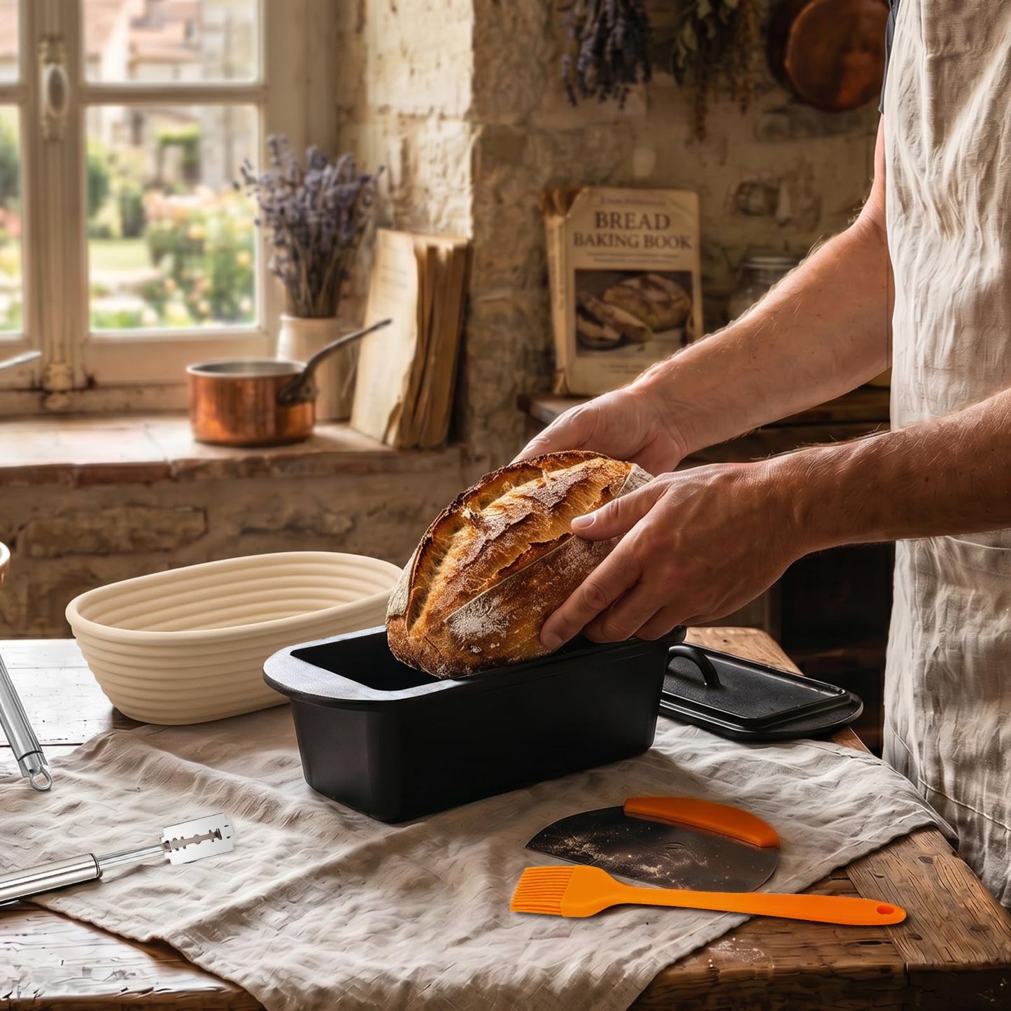 Cast Iron Dutch Oven Bread Loaf Pan with Lid, 14 x 5.5 Inch 3.2QT Pre-Seasoned Pan for Sourdough Baking, Includes Baking Supplies for Homemade Artisan Bread, Heavy Duty with Even Heat Distribution