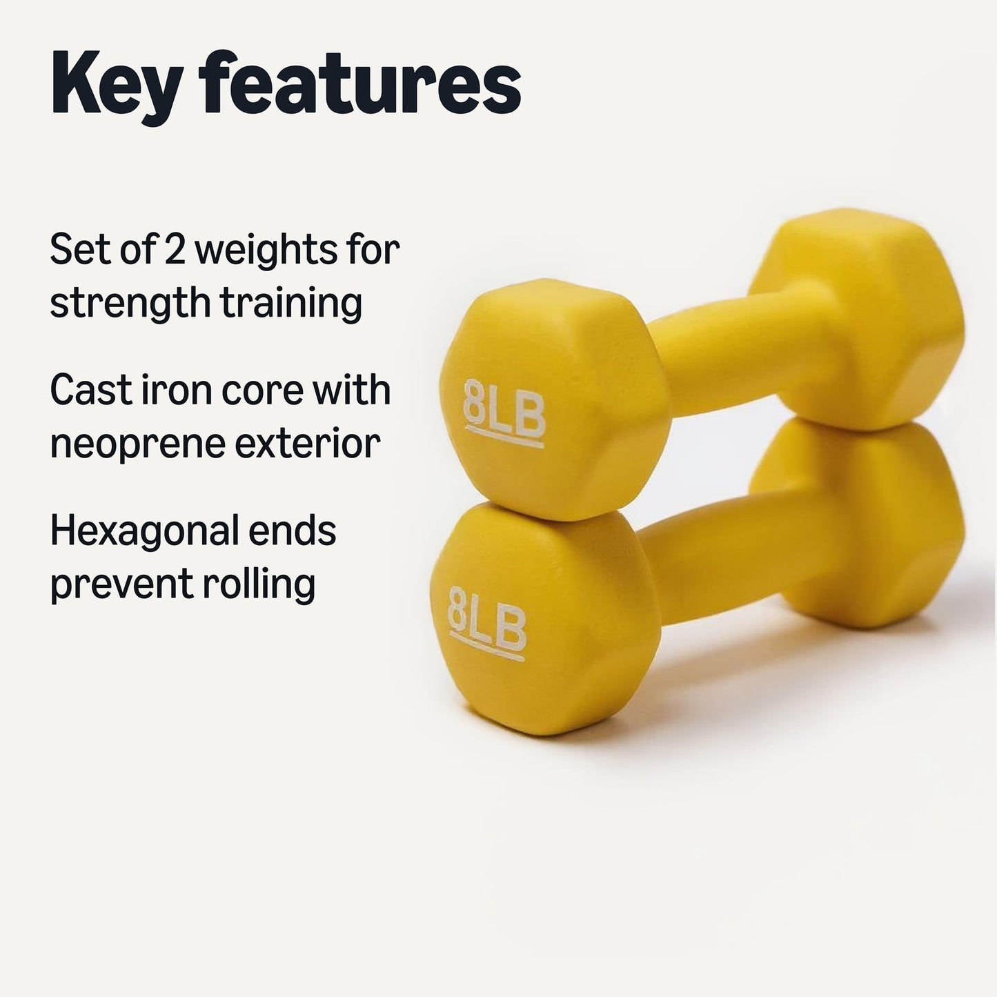 Amazon Basics Neoprene Hexagon Shape Dumbbell Hand Weights, Prevents Rolling Away, 8 Pounds, Pair, Yellow