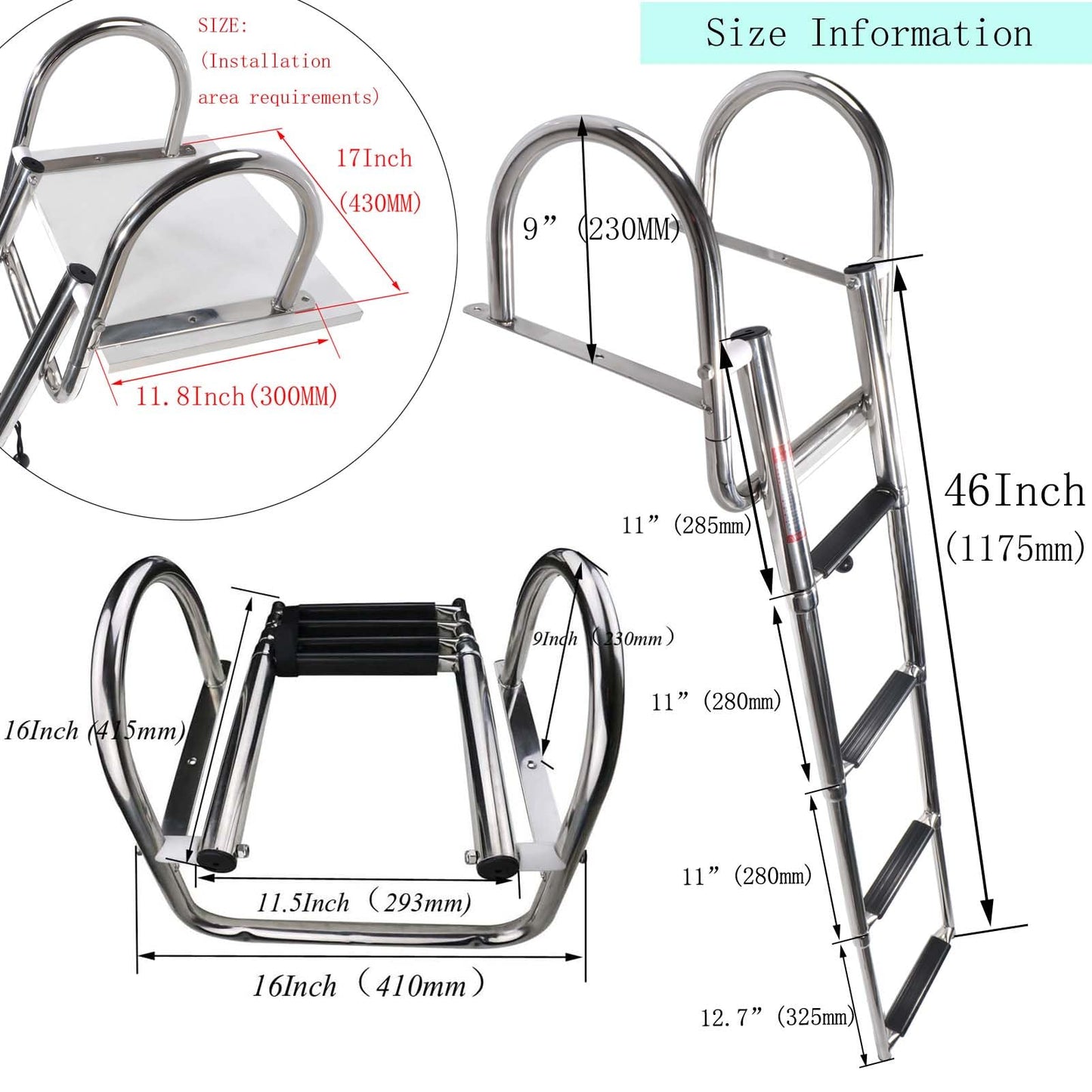 Pontoon Boat Ladder, Stainless Steel Folding Telescoping Rear Entry Inboard Ladder Heavy Duty Custom Swim Deck Ladder with More Wider Pedal and Handrails (4 Steps Ladder)