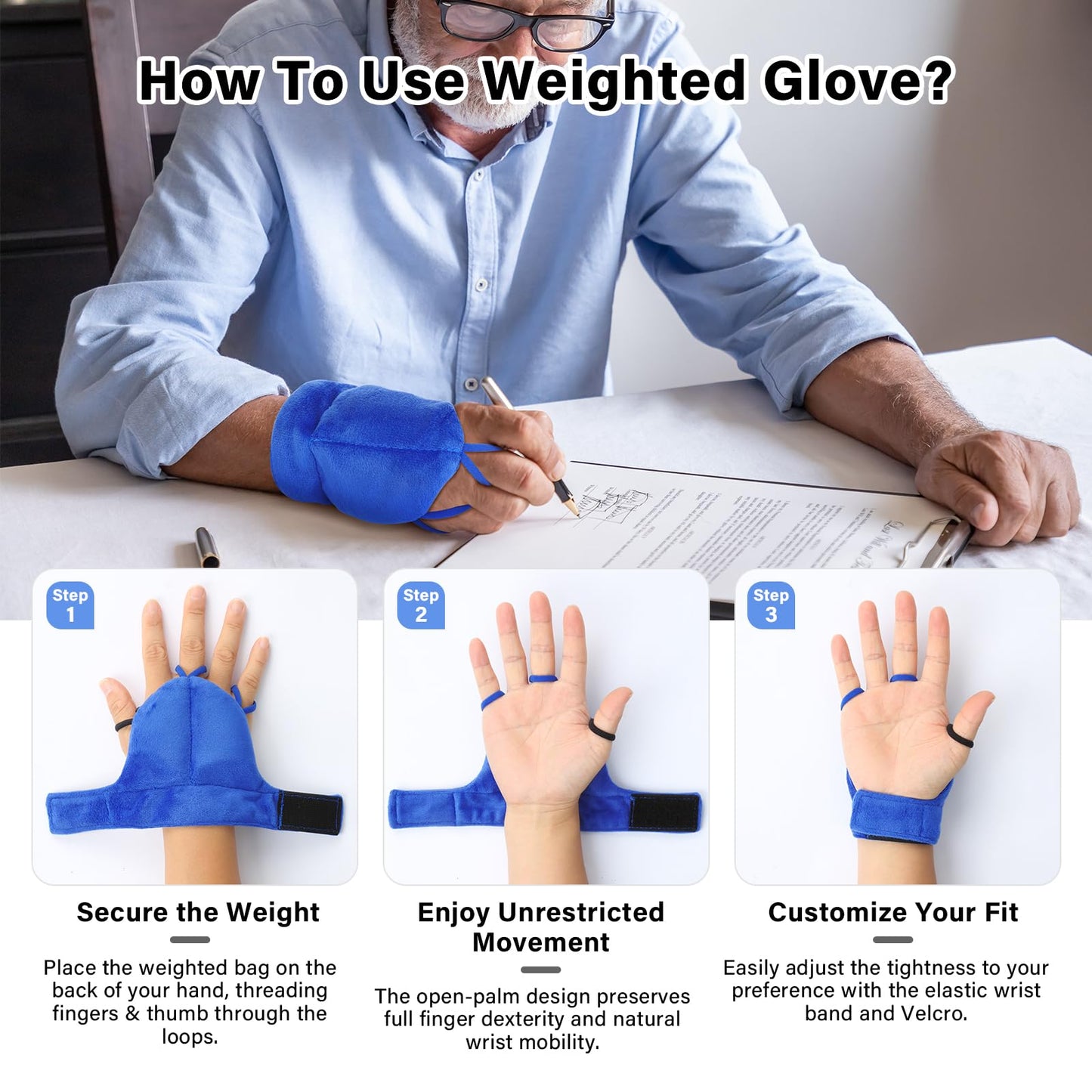 Hoomtree 2pcs Weighted Gloves for Hand Tremors and Parkinson's, Improved Hand/Wrist Stability & Mobility, Adjustable Wrist, Weights Strengthening Tool (Blue, S)