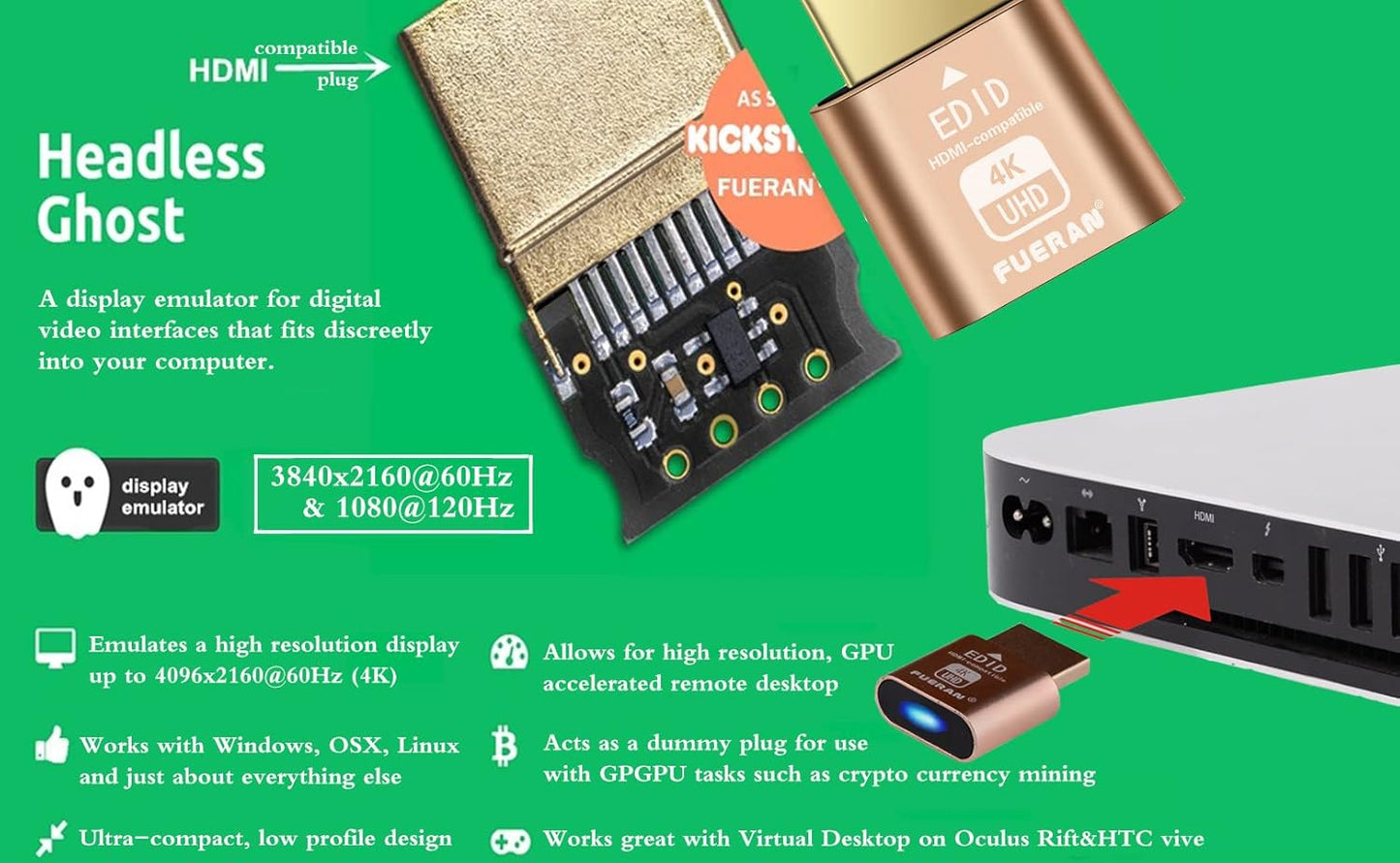 FUERAN 4K Dummy 4096x2160@60Hz, 3840x2160@60Hz, 2560x1440@60Hz Play(1 Pack) HDR HDMI Plug, Virtual Monitor Emulator