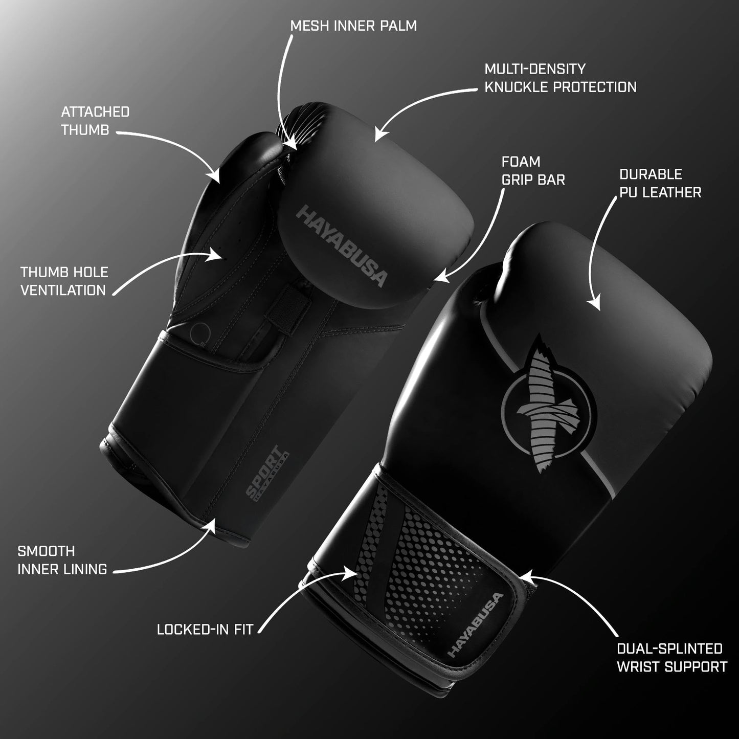 Hayabusa Sport Boxing Gloves for Men and Women – Dual-Splinted Wrist Support, Multi-Density Foam Padding, Contoured Fit – Ideal for Boxing, Kickboxing, and Muay Thai Training - Black/Charcoal, 16oz