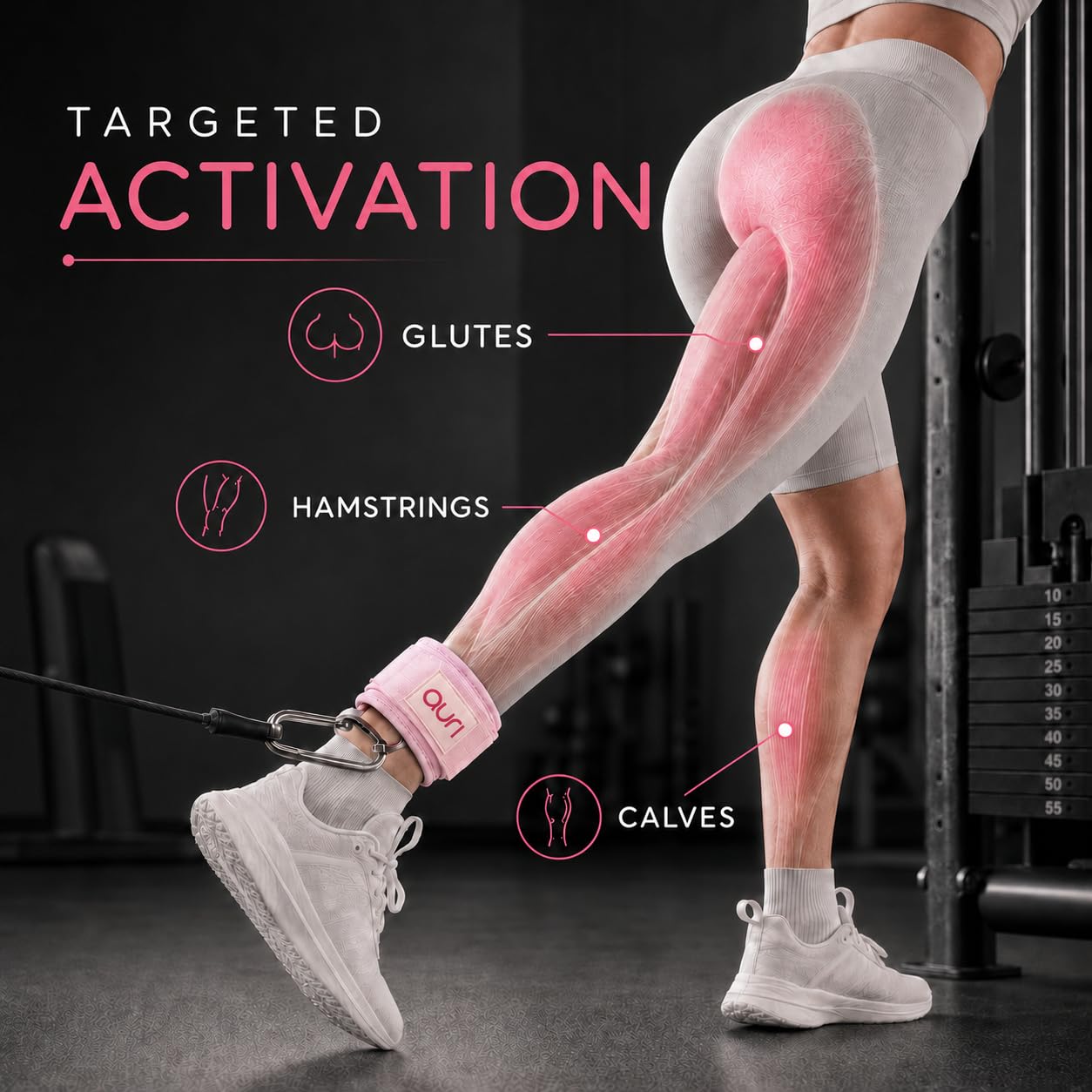 Auri Fit Ankle Strap for Cable Machine - Padded Neoprene Cuff with Stainless Steel D-Ring for Comfort & Support During Glute Kickbacks, Leg Extensions, Hip Abductors & Lower Body Workouts