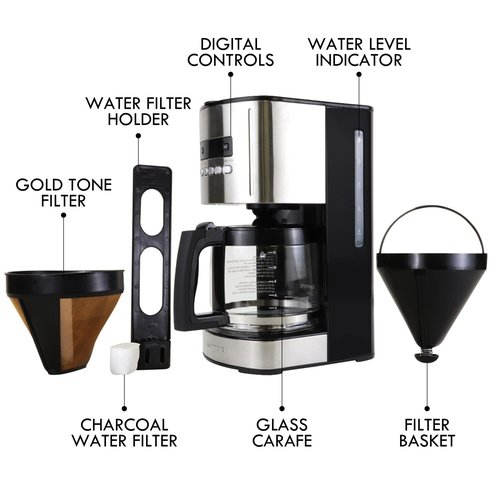 Kenmore Drip Coffee Maker - 12 Cup Programmable Cafe Machine With Glass Pot, Regular & Bold Brew, Auto Shut Off Large Water Reservoir, Reusable Filter, Kitchen Appliances For Cafeteria Barista, Black