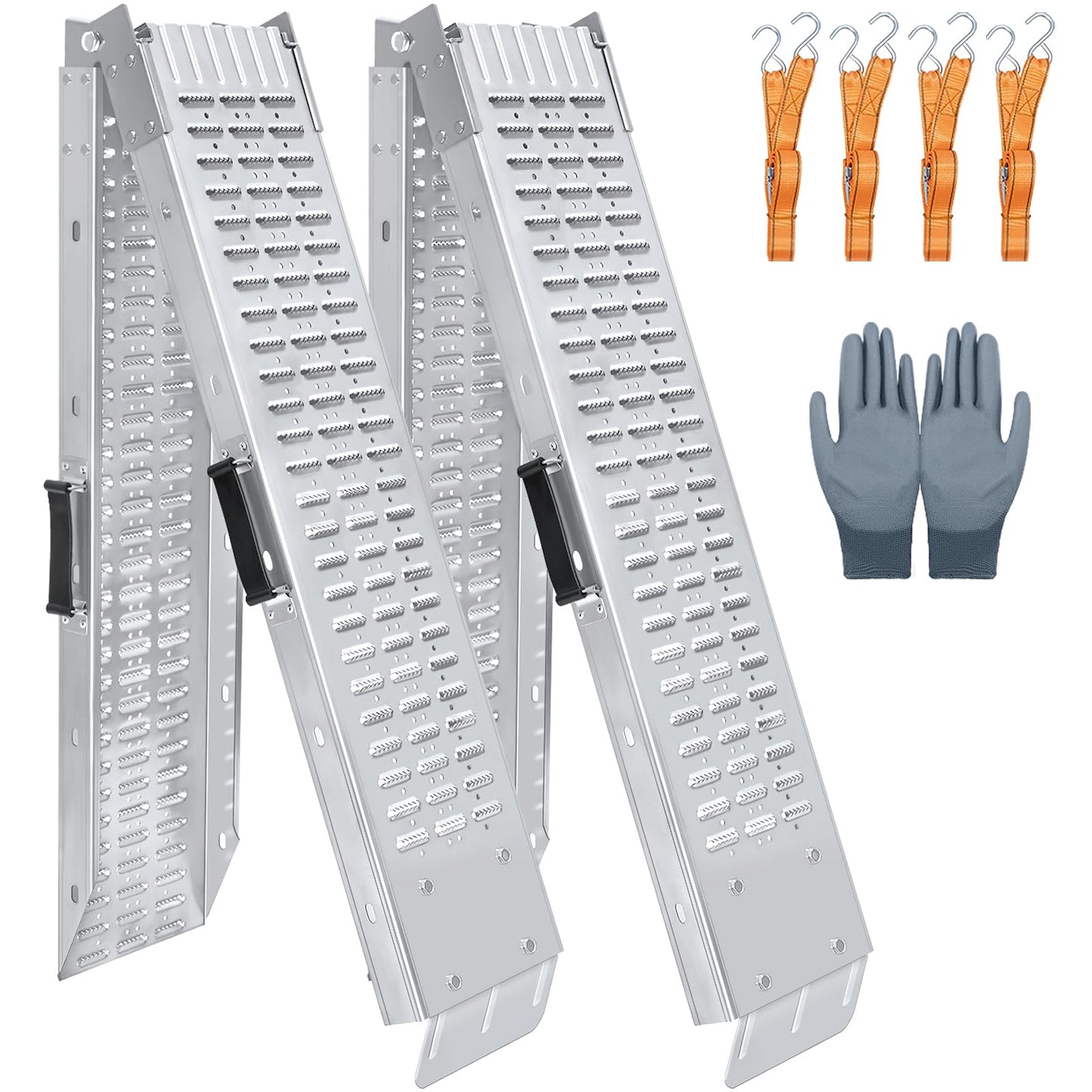 Arejonner 72.5" Heavy Duty Folding Loading Ramps, 1500lb Capacity, Ideal for Motorcycles, Lawn Mowers, ATVs, UTVs, and More – Pack of 2 with Safety Straps and Gloves