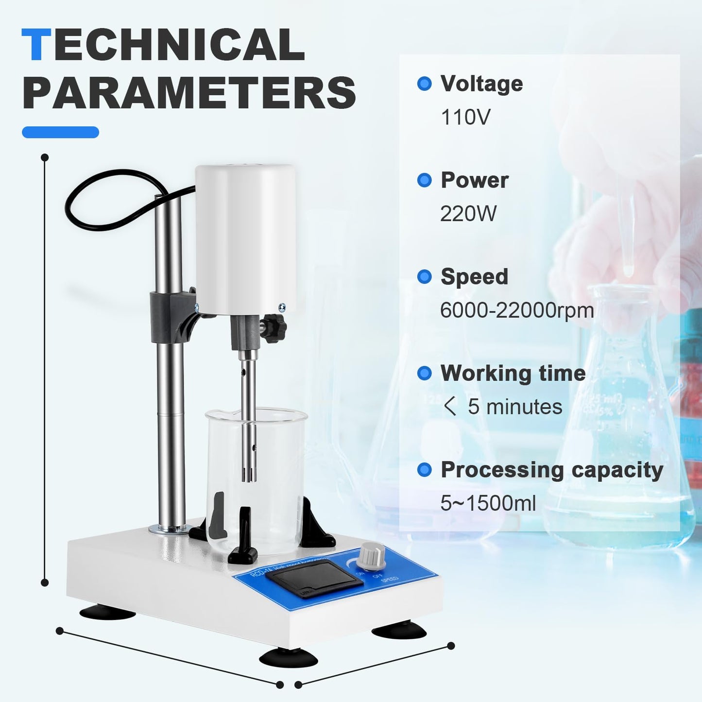 Consfly High Speed Homogenizer Lab Disperser Emulsifier 5~1500ml 110V Dispersion Mixer RCD-1A with 2 Extended Working Heads