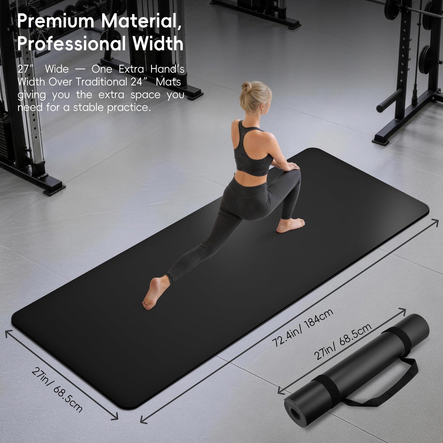 Wimwum Professional PU & Natural Rubber Yoga Mat – Non Slip 5mm Thick Workout Mats for Women & Men, 72"x27" Wide Exercise Pad for Hot Yoga, Pilates, HIIT & Home Gym – Strap Included,Black