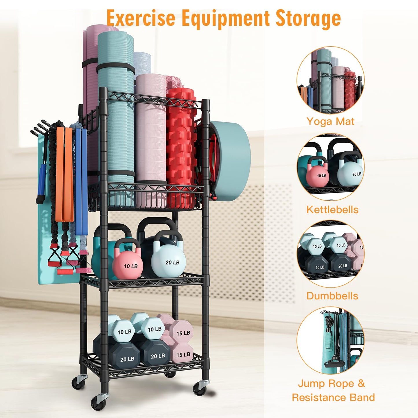 FUTASSI S1 Home Gym Storage, 3-Tier Workout Equipment Organizer with Wheels for Yoga Mats, Foam Roller, Dumbbells, Kettlebells, and Resistance Bands, 47.2" H x 27.1" L x 11.8" D, Black