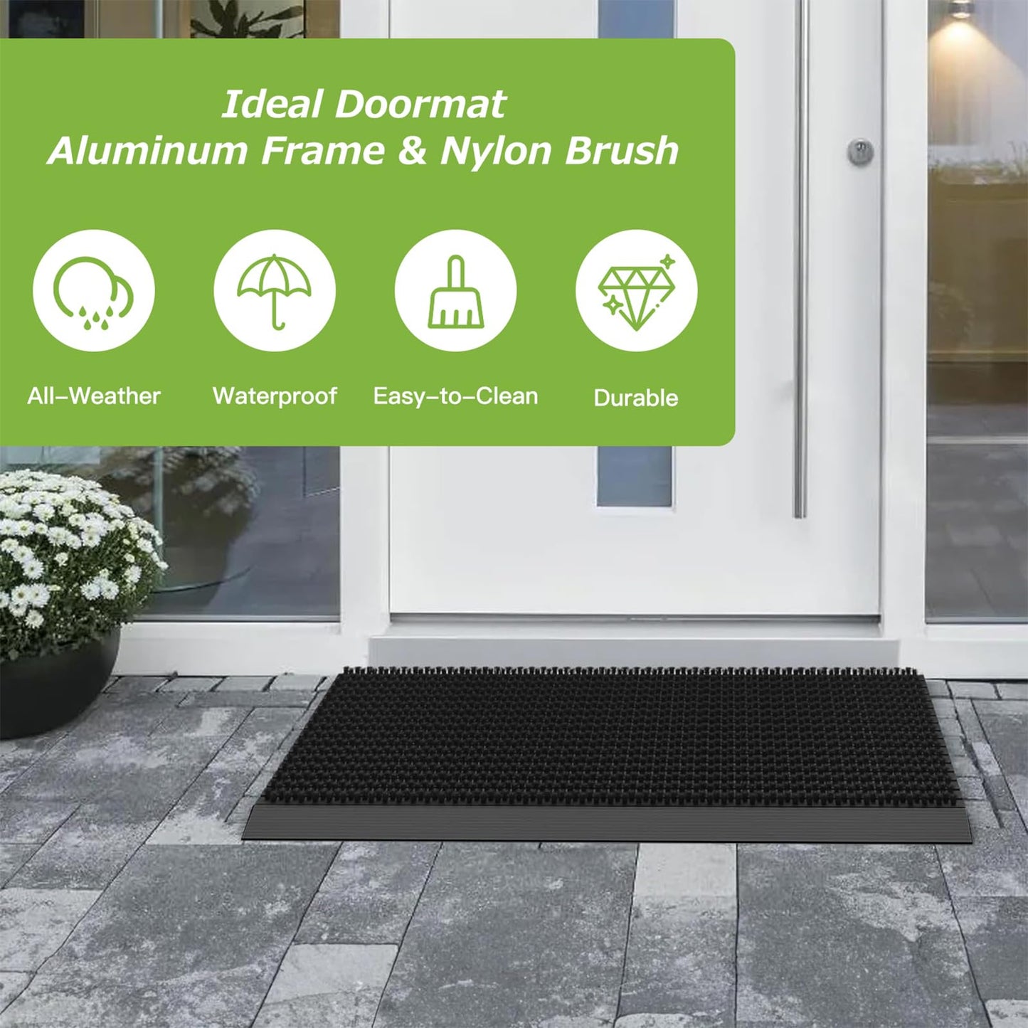 Matace 35.4x22.2 Heavy Duty Aluminum Outdoor Doormat, 100% Nylon Brush, All-Season, All-Weather, Waterproof, Non-Slip, Noiseless, Front Door, Porch, Garage, Mud Room, Patio Entrance Door Mat, Black
