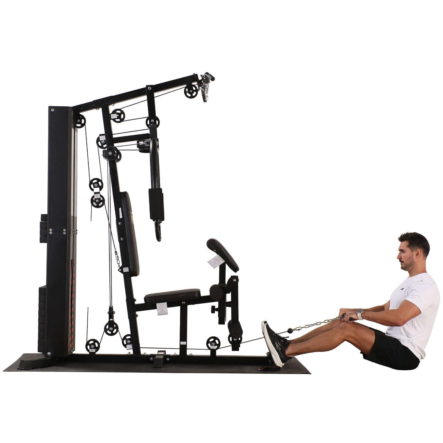 BalanceFrom Multifunctional Steel Frame Home Gym Machine with Floor Mat – Strength Training Workout Station with 160-Pound Weight Stack, Lat Pull & Low Row Bars, 4-Roll Leg Developer & Press