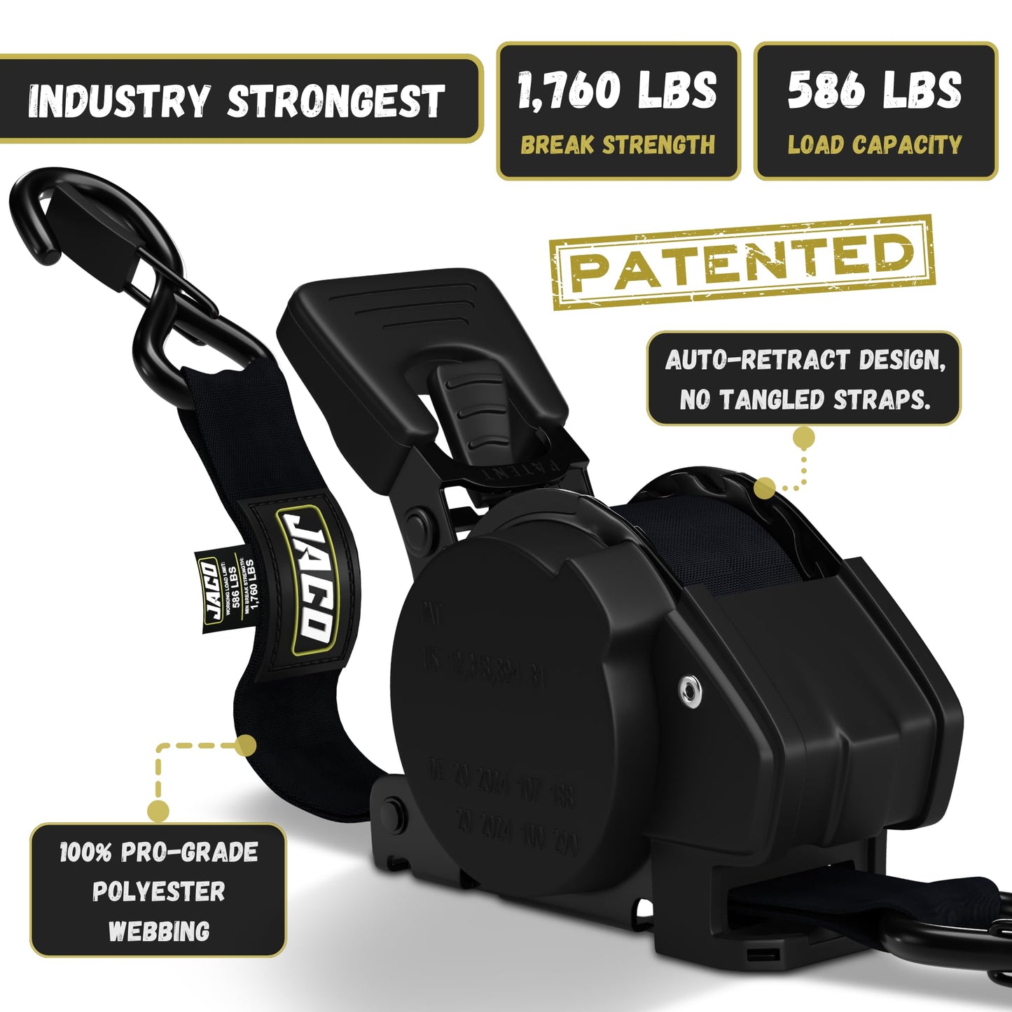 JACO Retractable Ratchet Straps - 1 in x 15 ft (4-Pack) (1,760lbs Break Strength) | Auto Self Retracting Cargo Tie Down Strap Set (Black)