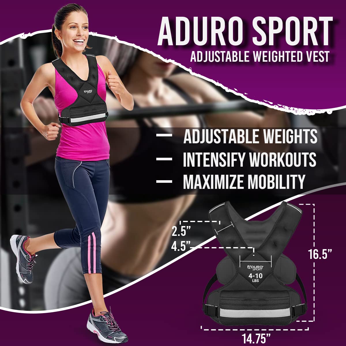 "Aduro Sport Adjustable Weighted Vest Workout Equipment, 4lbs-10lbs Body Weight Vest for Men, Women, Kids"