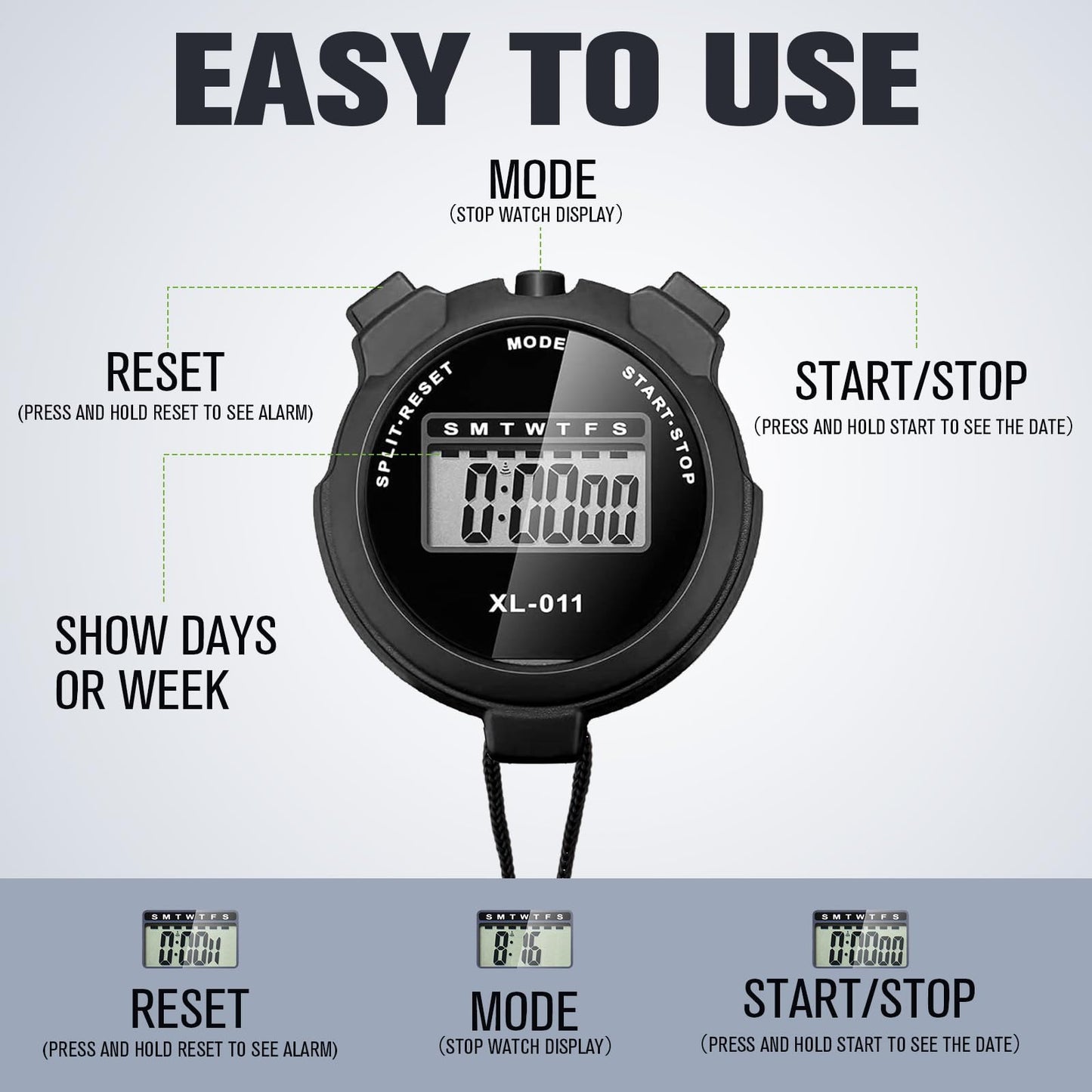 TOODOO 12 Pack Multi Function Digital Stopwatch Timer Bulk Sports Stopwatch with Lanyard Plastic Display Waterproof Date Time Alarm Timer for Coaches Fitness Referees (Black)