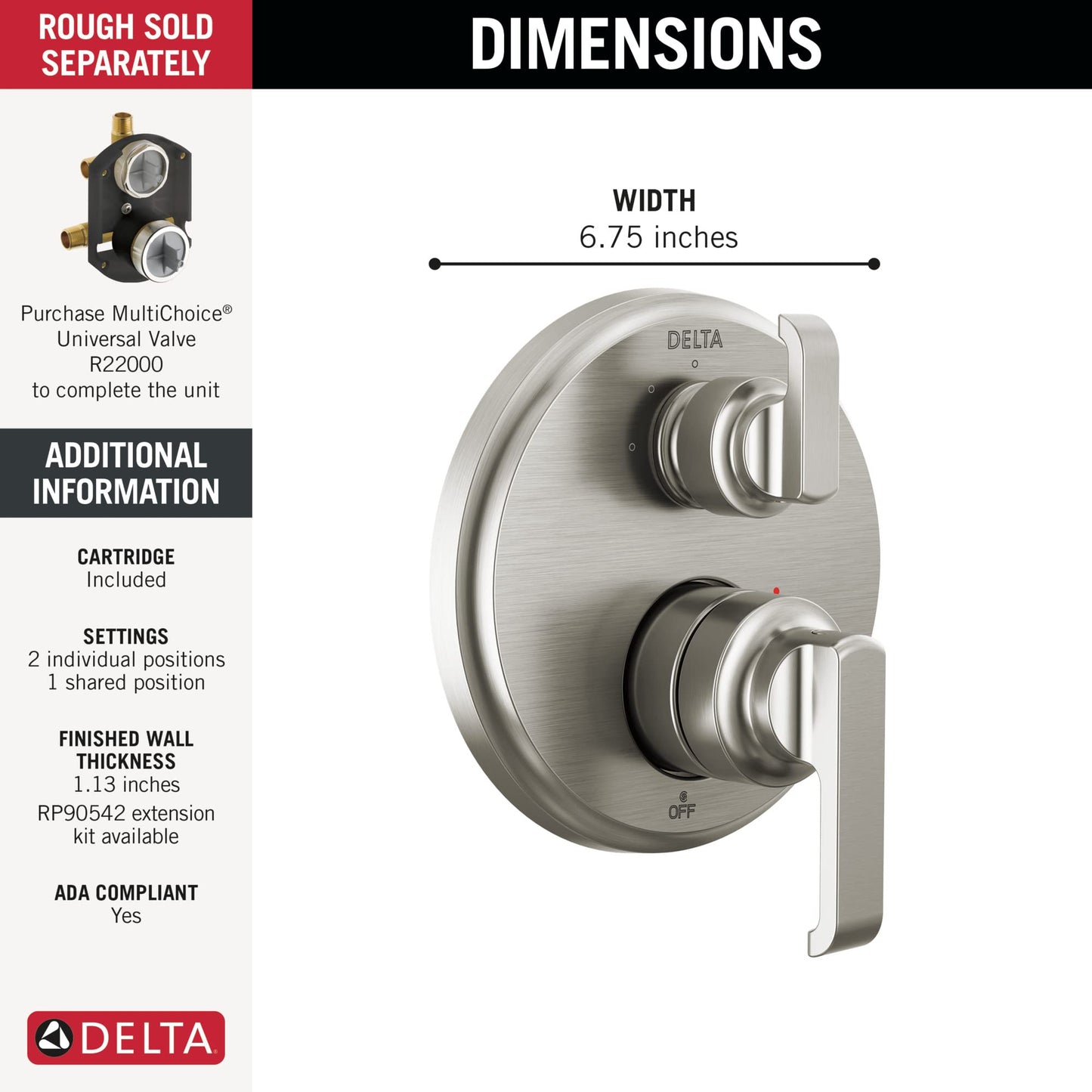 Delta Tetra Single-Function Shower Handle Trim Kit with 3-Way Integrated Diverter, Chrome Shower System Valve with Diverter, Lumicoat Stainless T24889-SS-PR (Valve Not Included)