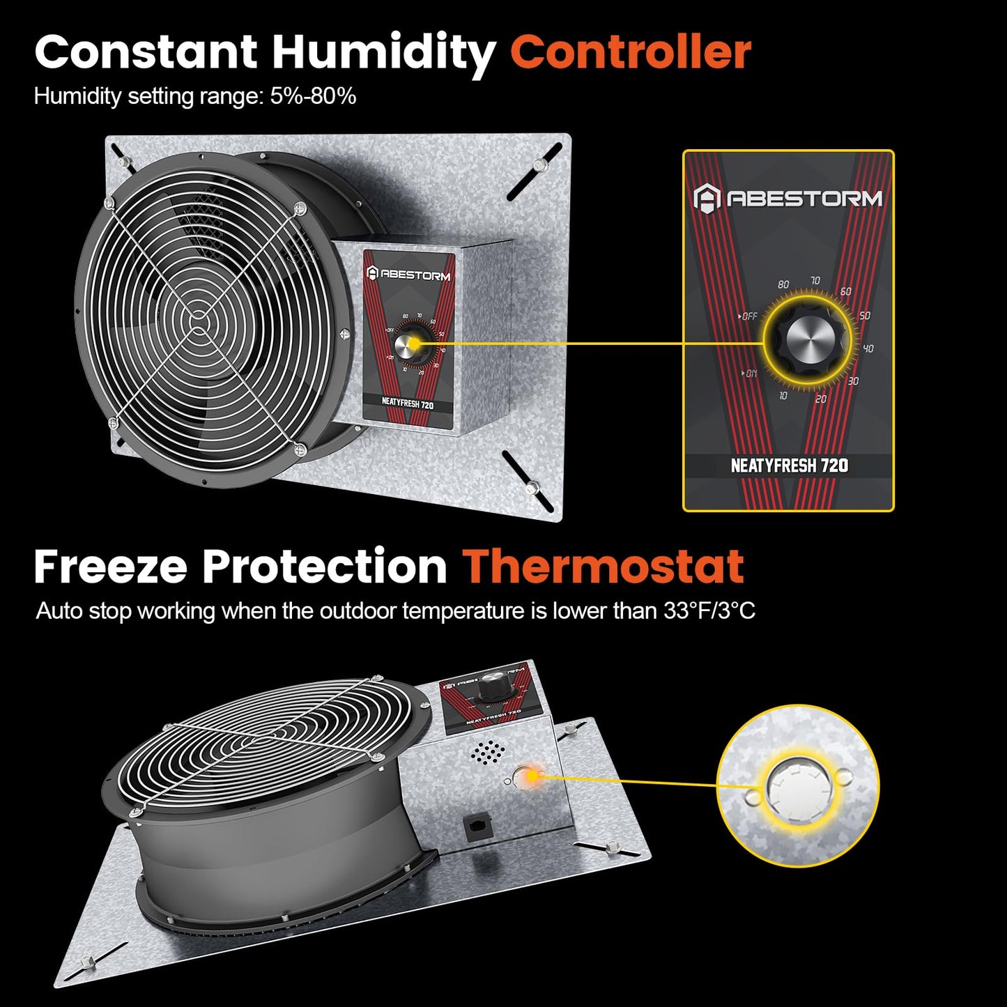 Abestorm 720CFM High Air Flow Crawlspace Ventilation Fan, IP55 Rated 10" Vent Fan with Humidistat Freeze Protection Thermostat for Crawl Space, Basement, Garage, Attic with Isolation Mesh