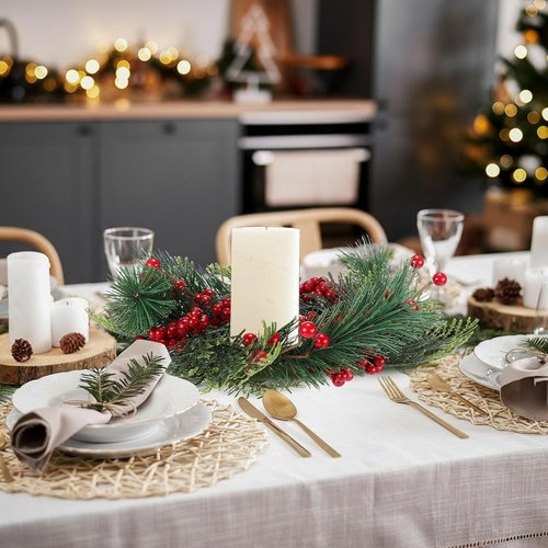 Knitgrip Mini Christmas Candle Rings - 4 Pcs Red Berry Pinecone Wreaths for Holiday Decor | Table Centerpiece