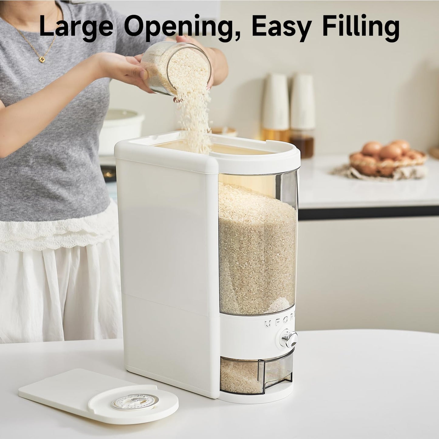 UFORU Rice Dispenser 20 lbs | Large Rice Storage Container for Kitchen&Pantry - Space-saving, Moisture & Pest-proof, BPA-Free - Dry Food Dispenser with One-Touch Dispenser & Measuring Cup for Families
