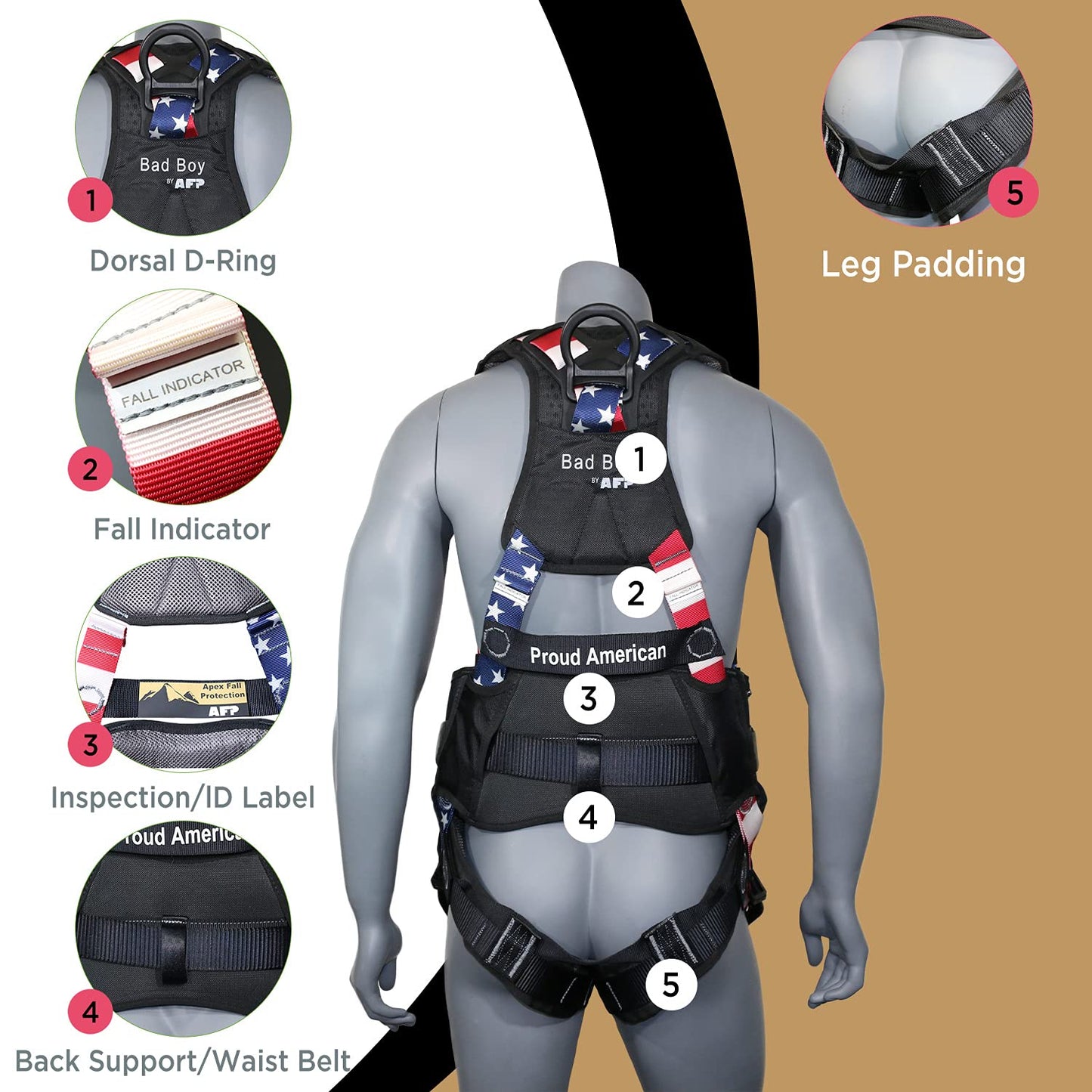 AFP Fall Protection Full-Body Premium Safety Harness, 8” Thick Support Belt, Aluminum D-Rings, Tongue Buckle (OSHA/ANSI PPE) – Fall Protection Harness, Safety Harnesses for Men Construction