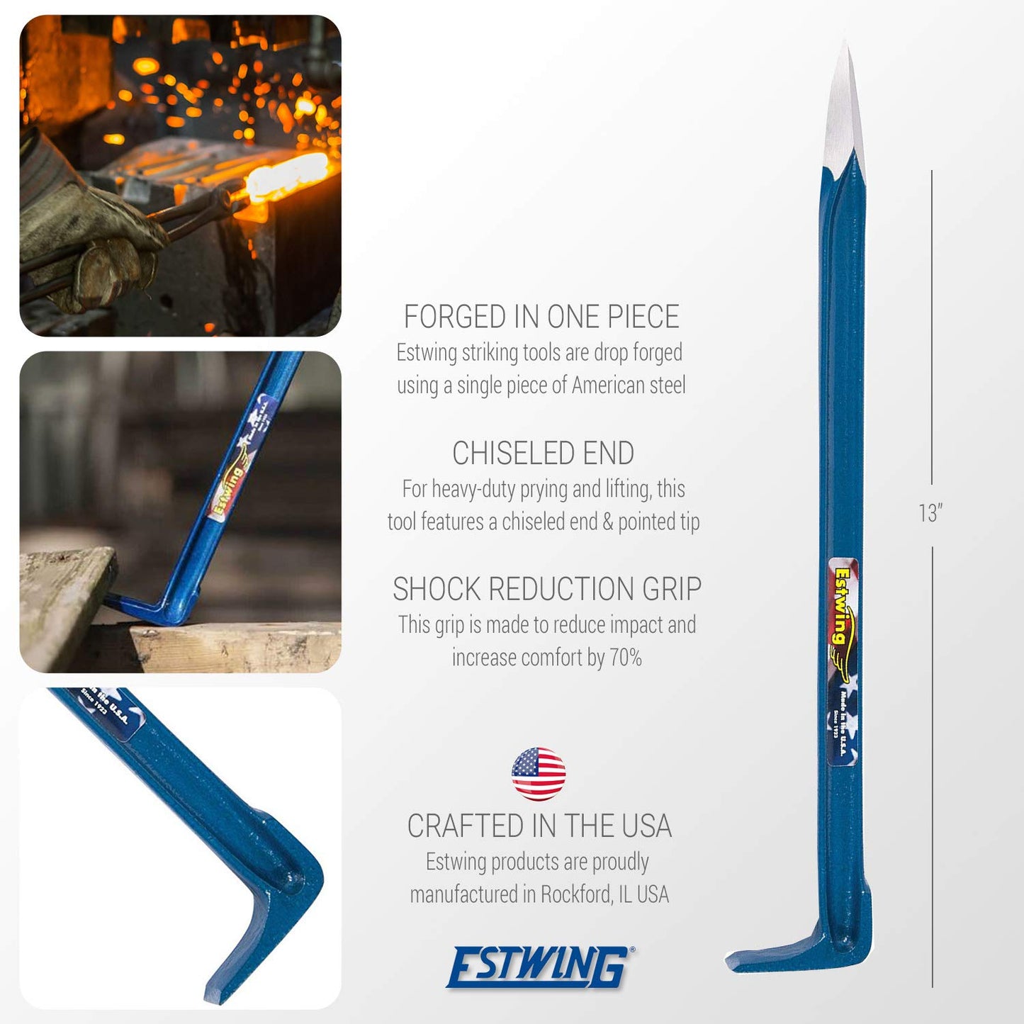 Estwing Geo/Paleo Rock Pick - 25" Geologist Tool with All Steel Construction & Vinyl Cushion Grip - GP100, Blue and Estwing - GP18 Gad Pry Bar - 18" Forged Geological Tool with Pointed Tip & Chisel End - GP-18, Metal