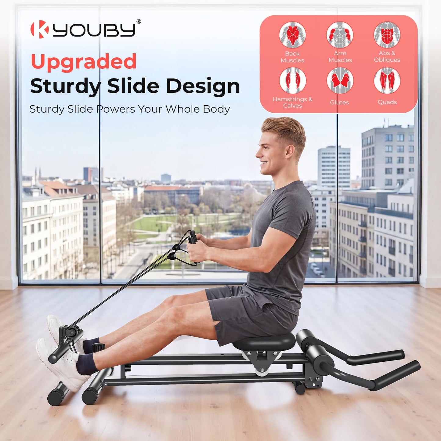 Ab Machine and Rowing Machine, 4 in 1 Rowing Machines for Home with 2 Adjustable Inclined Angles,Foldable Rower Machine with 7 Adjustable Handle Heights,260 LBS Black