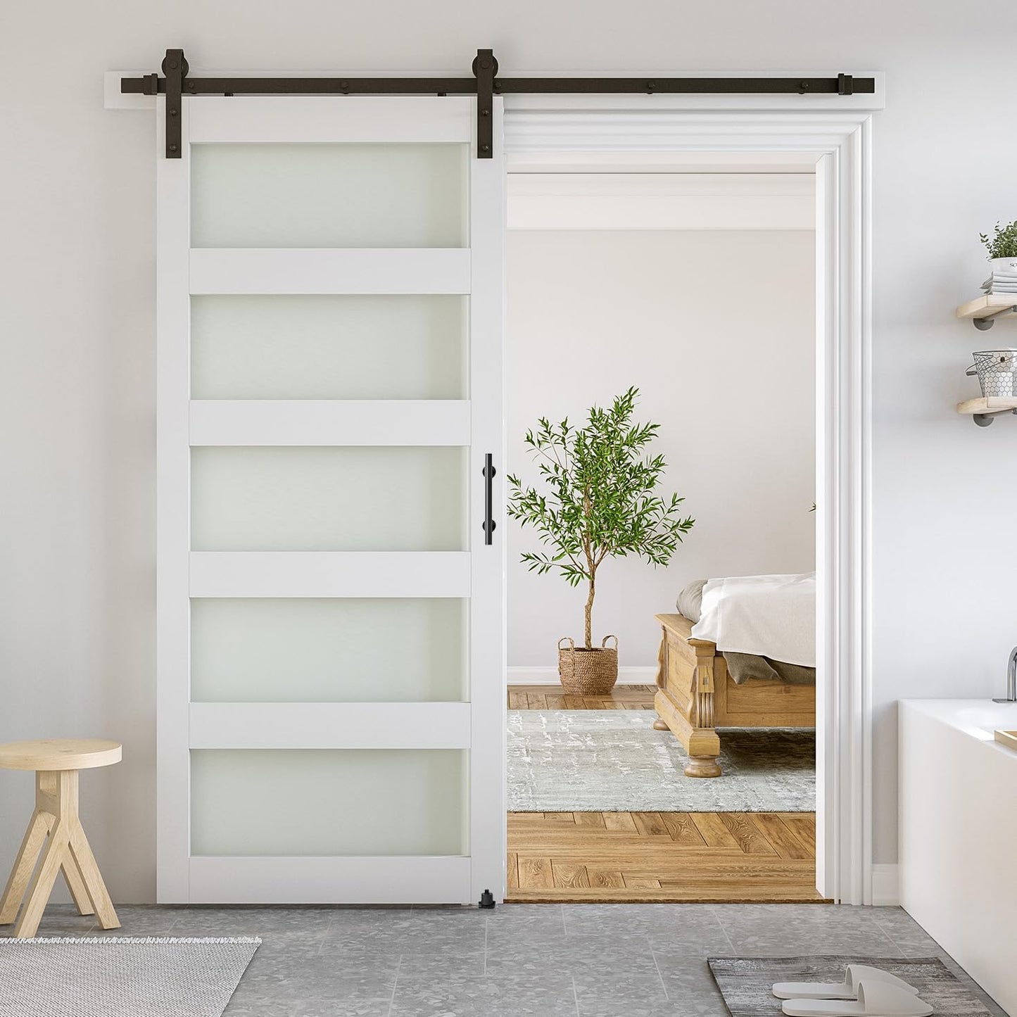 SmartStandard 34 x 84 in Glass Barn Door with 6FT Sliding Hardware Kit & Handle, Pre-Drilled Ready to Assemble, Waterproof PVC Coating, White, 5-Panel Glass