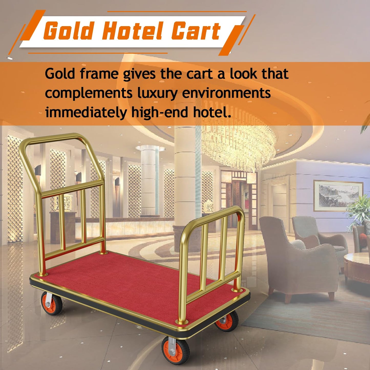 Fauenpeey Gold Hotel Metal Classic Luggage Cart 42"x24" Bellman Cart Baffle Guardrail Weight Capacity Up to 850 lbs