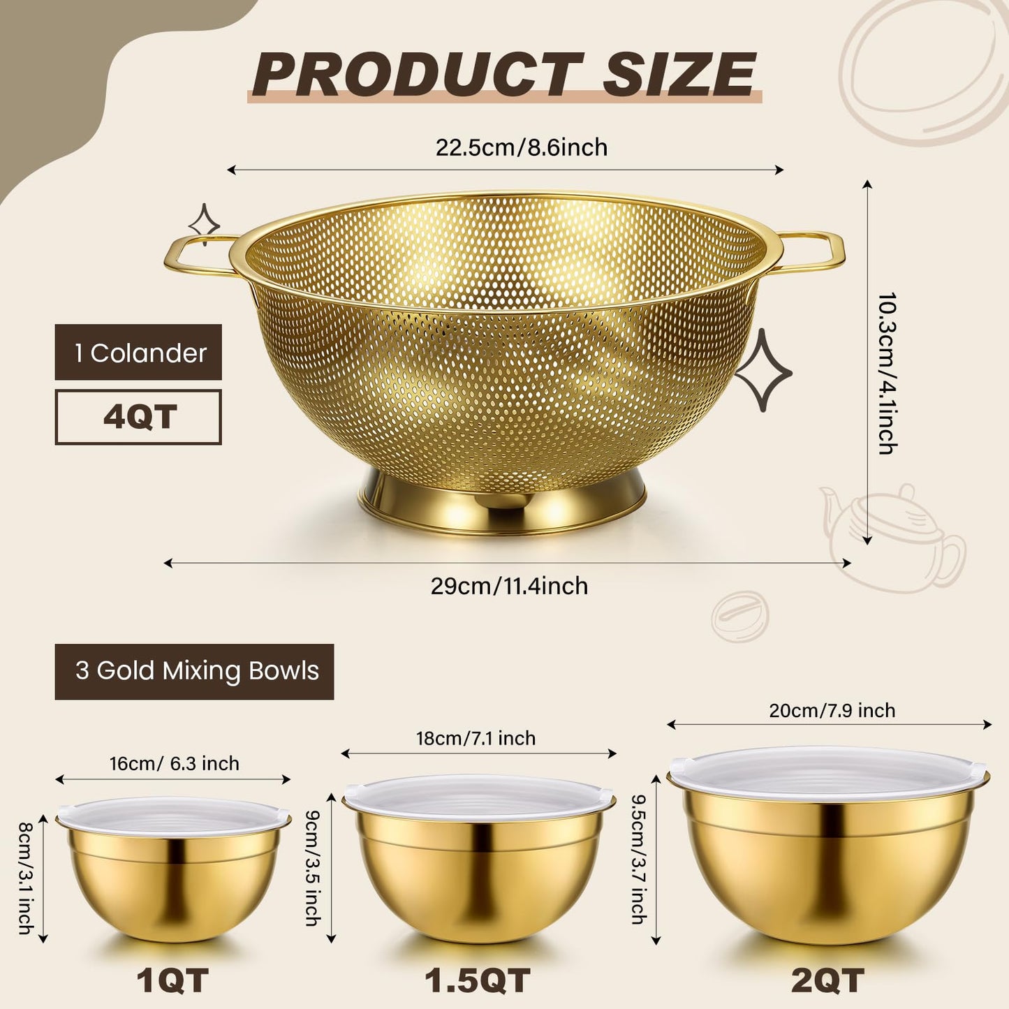 Baderke 7 Pcs Gold Kitchen Accessories Includes Stainless Steel Colander with Handles, 3 Gold Mixing Bowls with Airtight Lids and 3 Fine Mesh Strainer(Colander: 3 Qt, Mixing Bowls: 0.8/1/1.5 Qt)