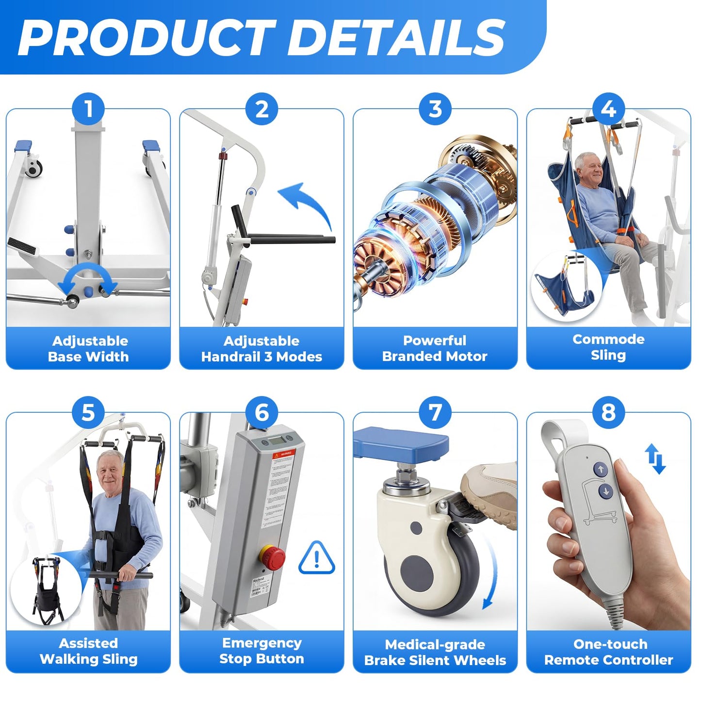 Carearise 3IN1 Electric Patient Lift - Body Transfer & Assisted Walking Mode, Battery Powered Stand Up Lift with 2 Slings, Multi Functional Mobility Aid for Elderly Disabled Home Rehabilitation
