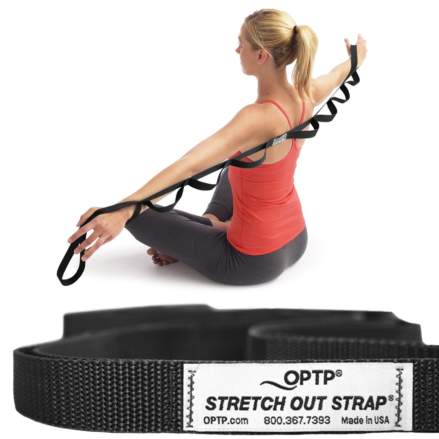 OPTP The Original Stretch Out Strap XL with Exercise Book, USA Made Stretch Out Straps for Physical Therapy, Yoga Stretching Strap or Knee Therapy Strap - Ten Loops, 7'5" Strap