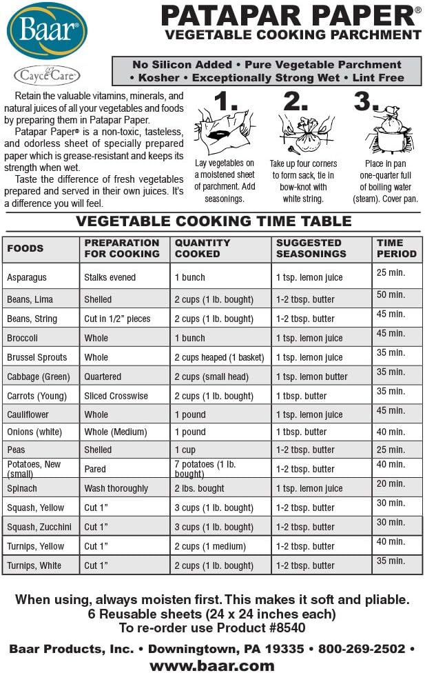 Patapar Paper Vegetable Cooking Parchment - 24"x24", 6 Reusable Sheets for Easy Cooking