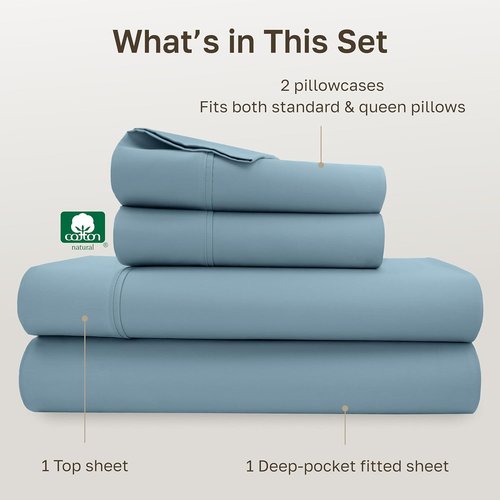 California Design Den Queen Bed Sheet Set - 100% Cotton, 400 Thread Count, Silky Smooth Sateen - Sky Blue