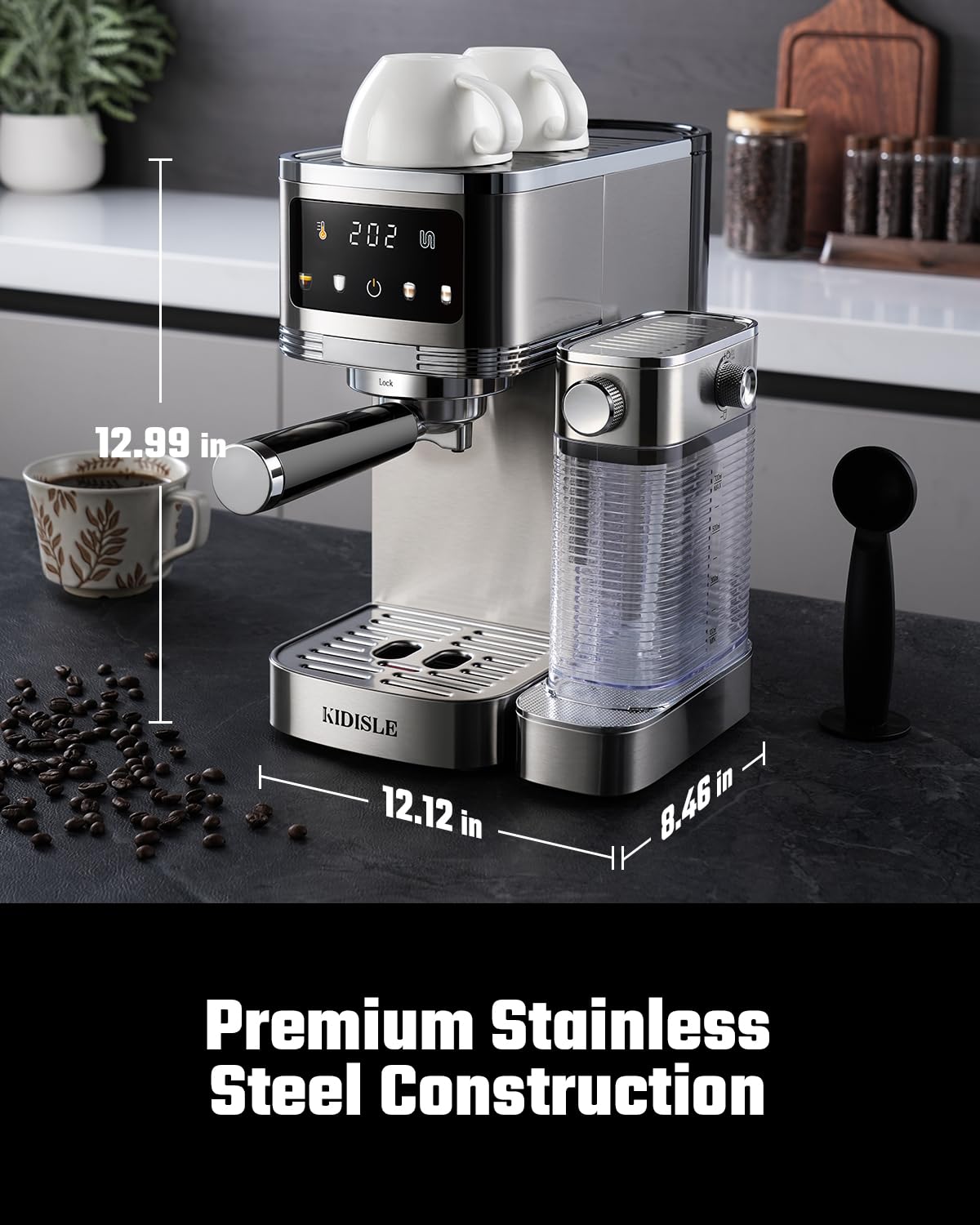 KIDISLE 20 Bar Espresso Machine with Automatic Milk Frother, Cappuccino & Latte Maker, Dual Boiler Coffee Machine (1350W + 1000W), 44oz Water Tank, 24oz Milk Reservoir, Touchscreen, Stainless Steel