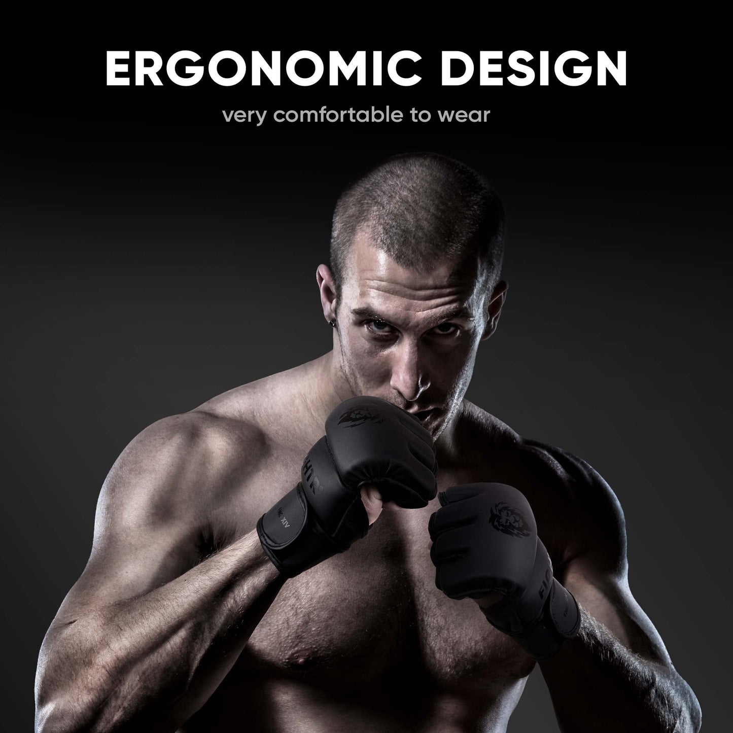 FIGHTR® Pro MMA Gloves for Grappling Sparring Training, Kickboxing Martial Arts Muay Thai Punching Bag Mitt Training Boxing for Men and Women | incl. Carrying Bag (All Black, L)