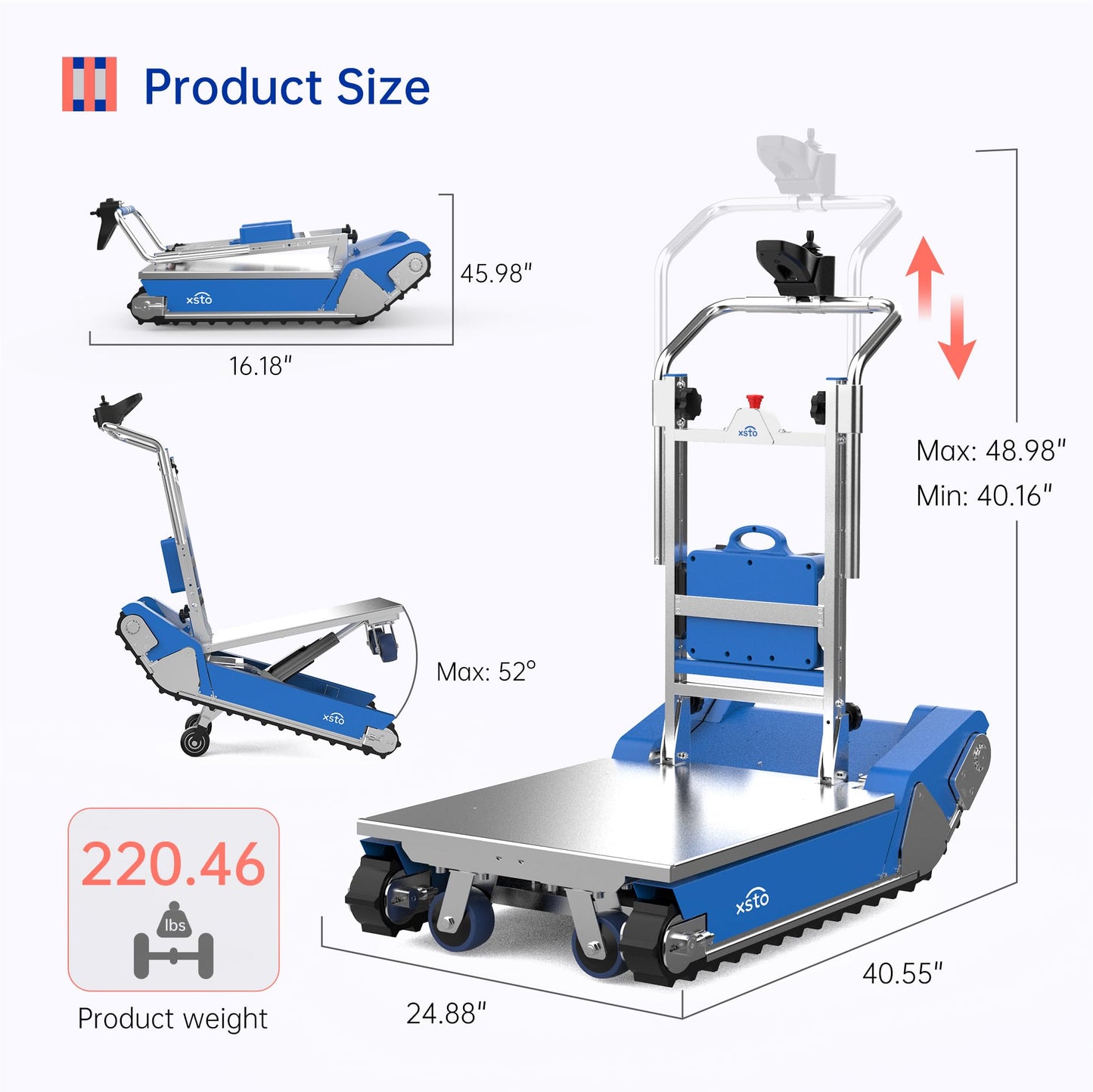 XSTO CT50 AI Electric Stair Climbing Robot, 925lbs Heavy Duty Load Capacity, LiDAR Obstacle Avoidance, Auto-Balancing Remote Control All-Terrain Material Handling Robot