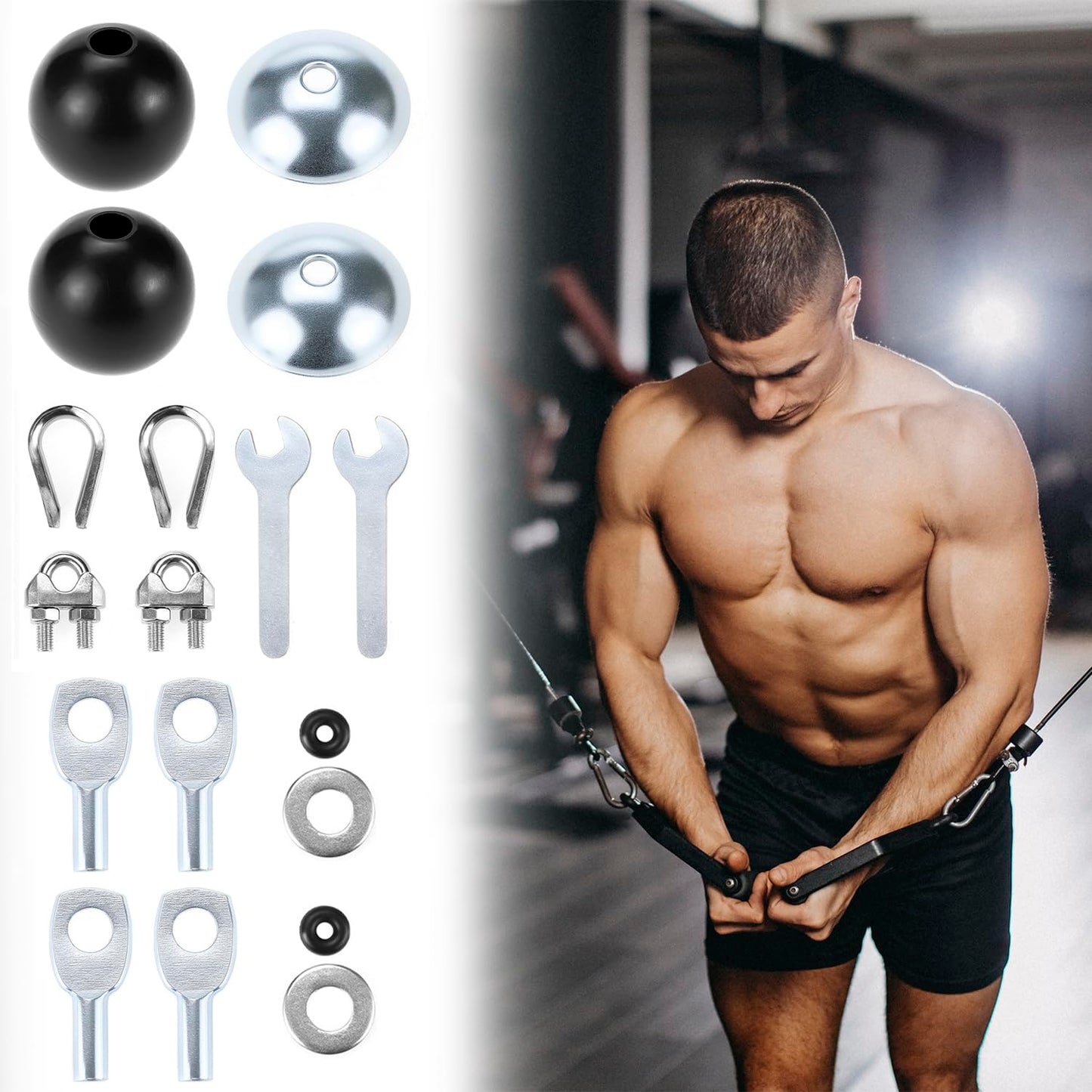 QWORK Gym Machine Cable Accessories Set - 5mm Cable Ball Stopper, Bowl-Shape Plate, Eyelet Terminal, Wire Rope Clamp, and Thimble