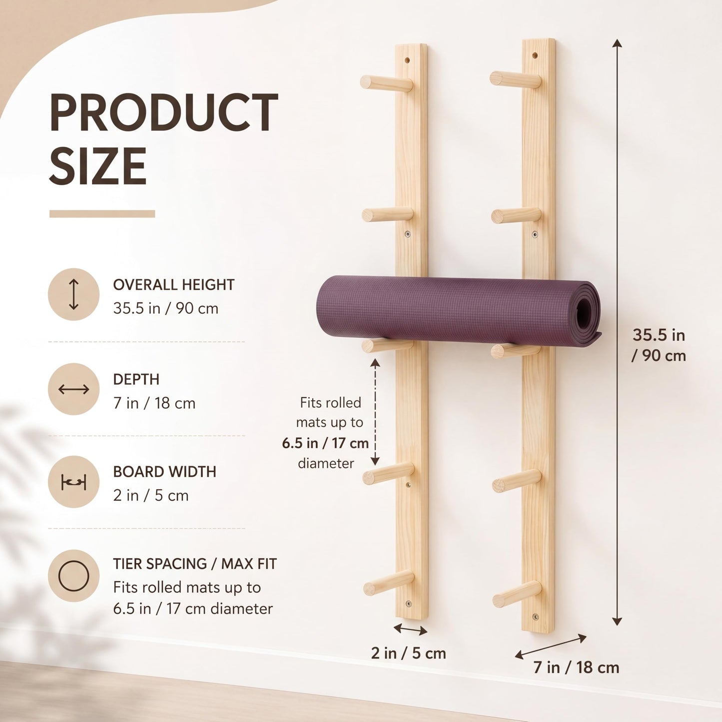 Cinnvoice 1 Pair Yoga Mat Holder Wall Mount Wooden Yoga Mat Storage Racks for Foam Roller & Fitness Accessories 5 Layer 35.4 x 7 x 2 Inches, Accommodating 5 Mats Home Gym Organize